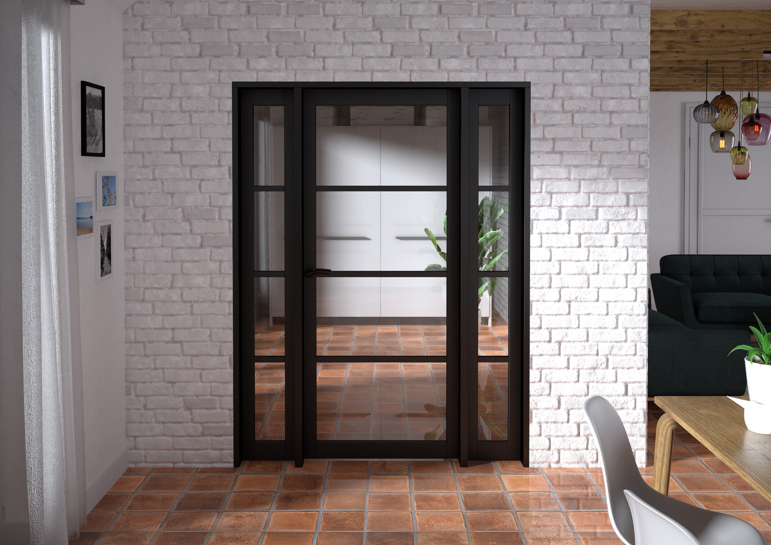 1534x2021x133mm Kensington Black 4L Glazed Prefinished Internal Door with Sidelights
