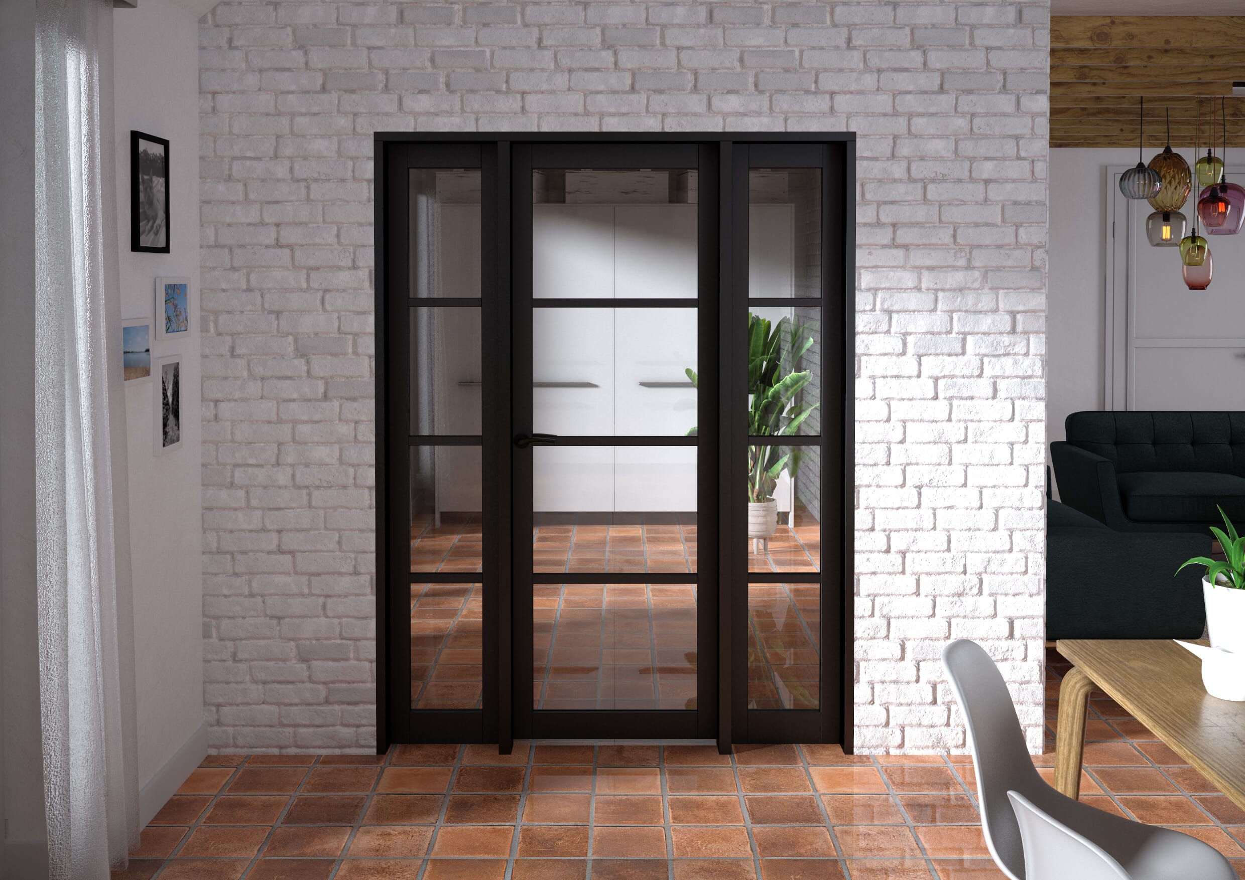 1534x2021x133mm Kensington Black 4L Glazed Prefinished Internal Door with Sidelights