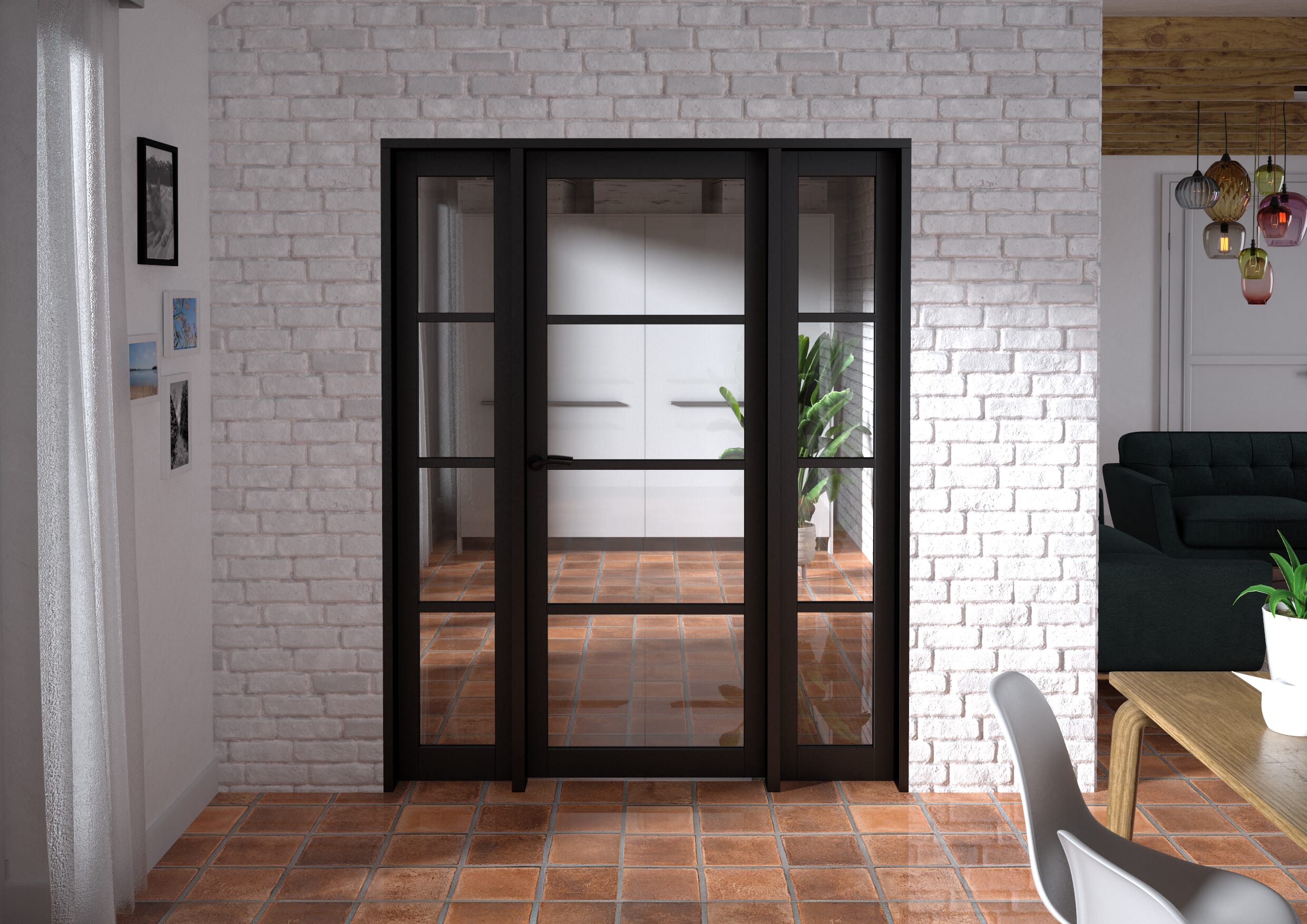1610x2021x133mm Kensington Black 4L Glazed Prefinished Internal Door with Sidelights