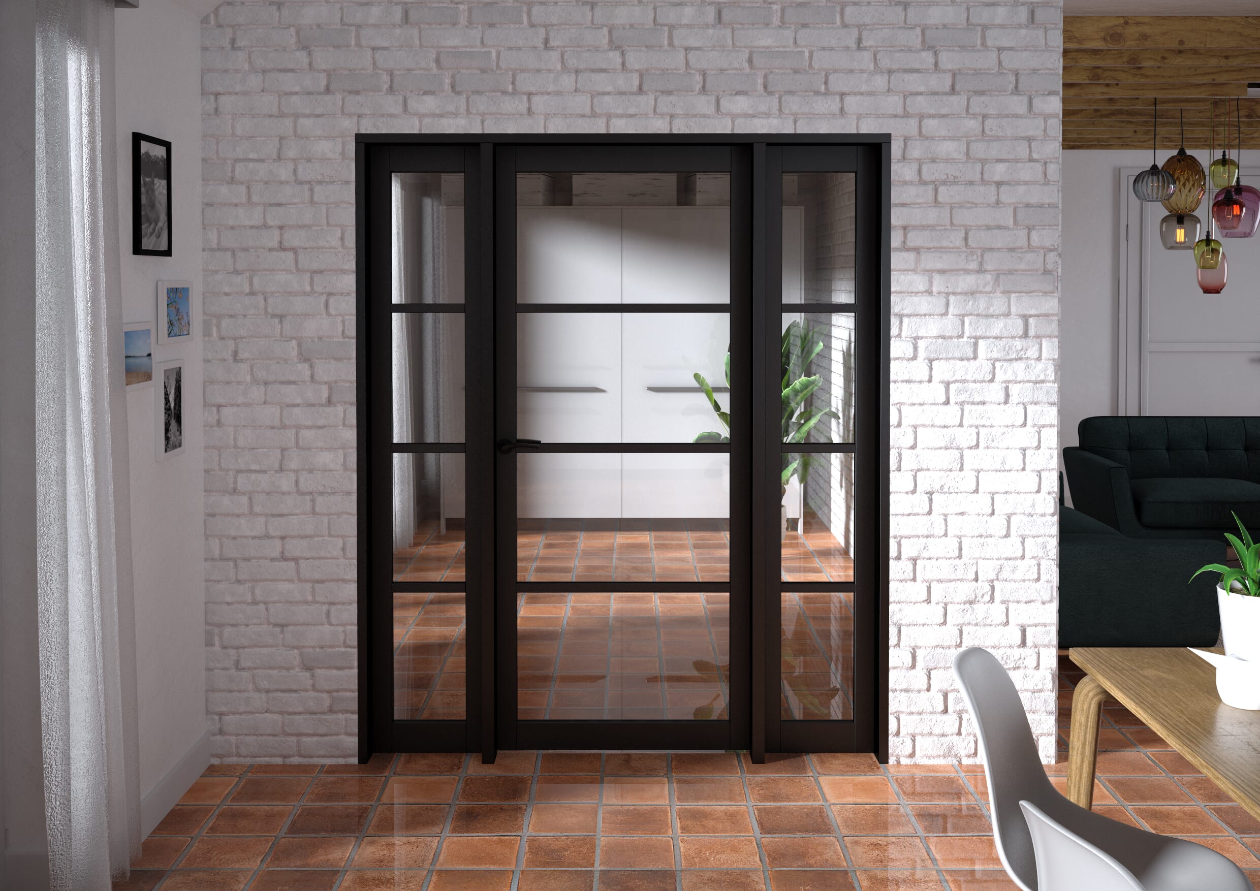 1686x2021x133mm Kensington Black 4L Glazed Prefinished Internal Door with Sidelights