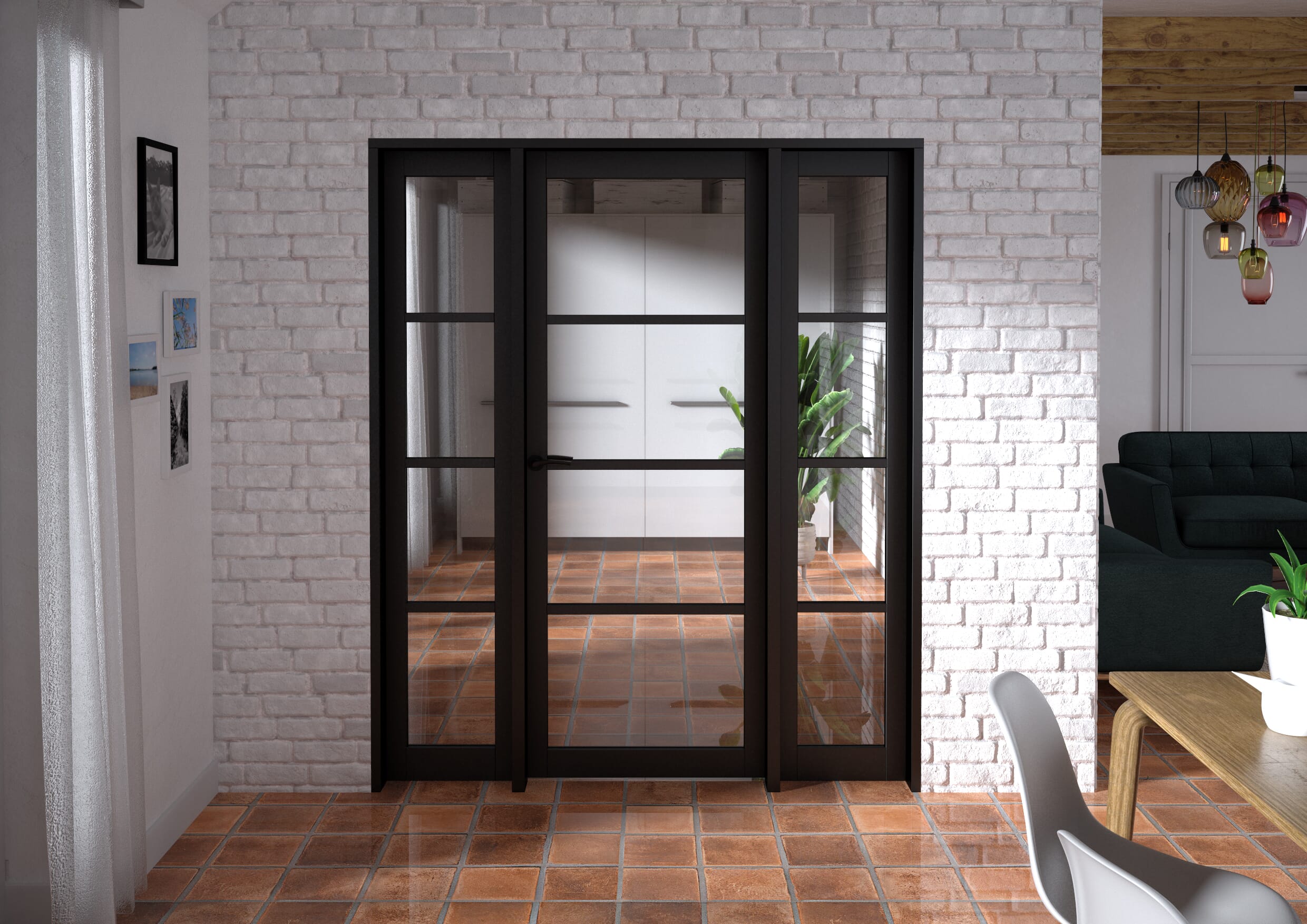 1686x2021x133mm Kensington Black 4L Glazed Prefinished Internal Door with Sidelights