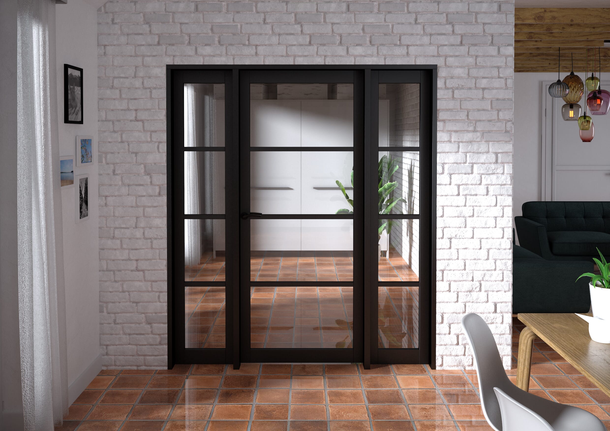 1762x2021x133mm Kensington Black 4L Glazed Prefinished Internal Door with Sidelights