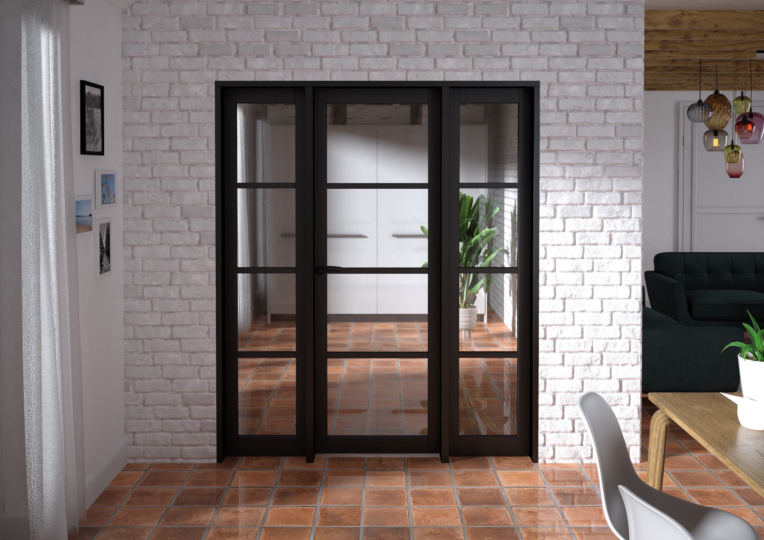 1686x2021x133mm Kensington Black 4L Glazed Prefinished Internal Door with Sidelights