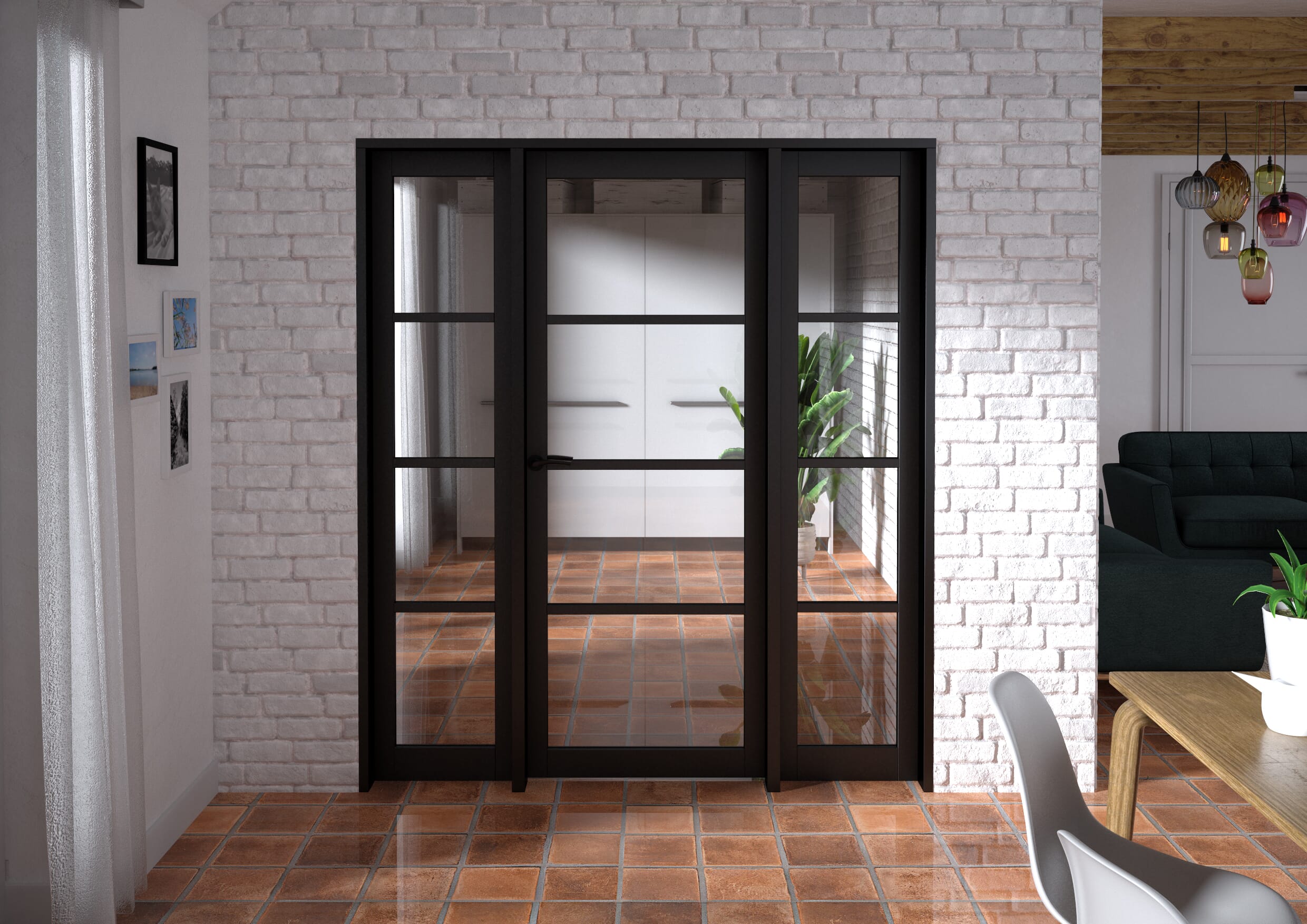 1762x2021x133mm Kensington Black 4L Glazed Prefinished Internal Door with Sidelights