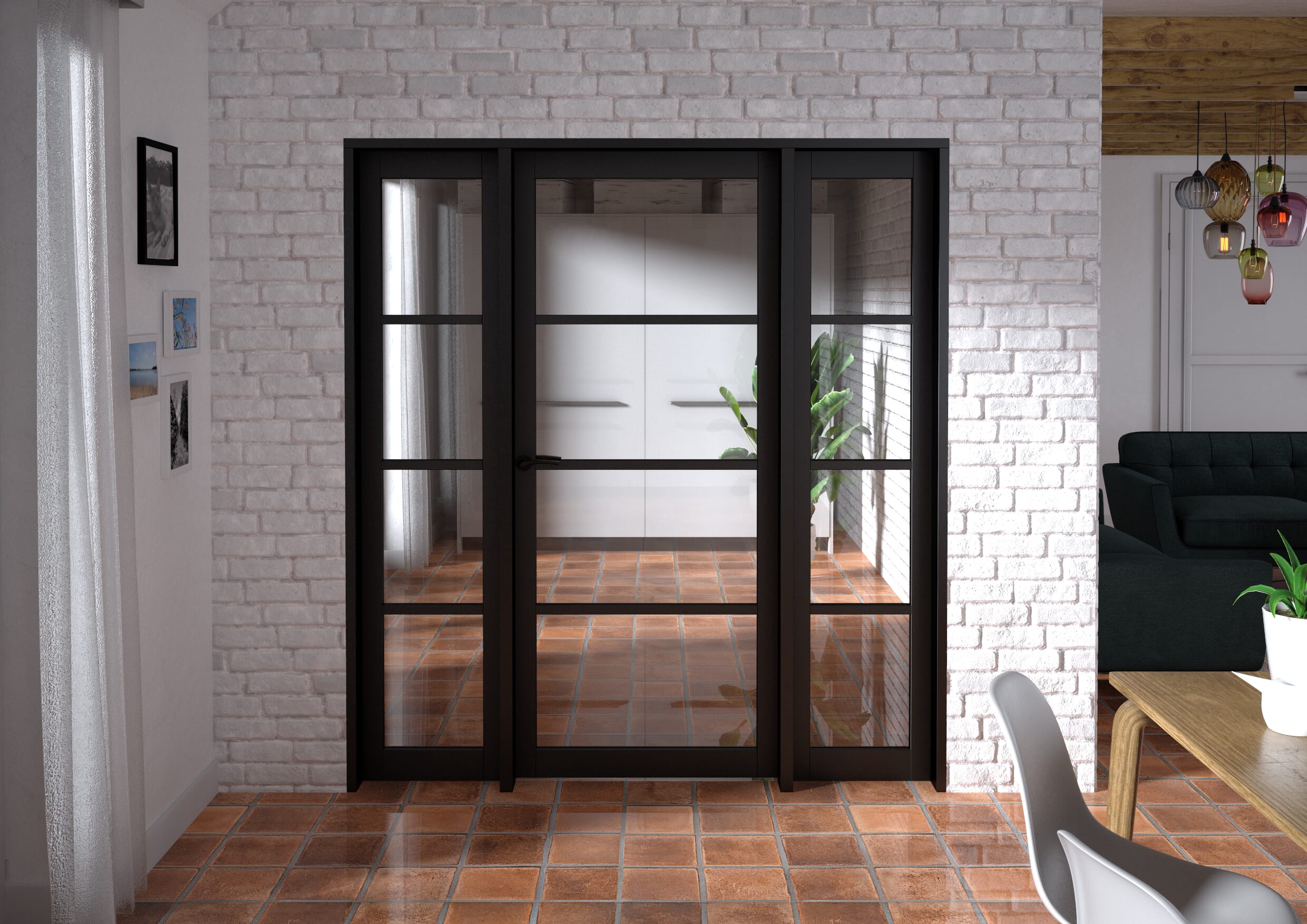 1838x2021x133mm Kensington Black 4L Glazed Prefinished Internal Door with Sidelights