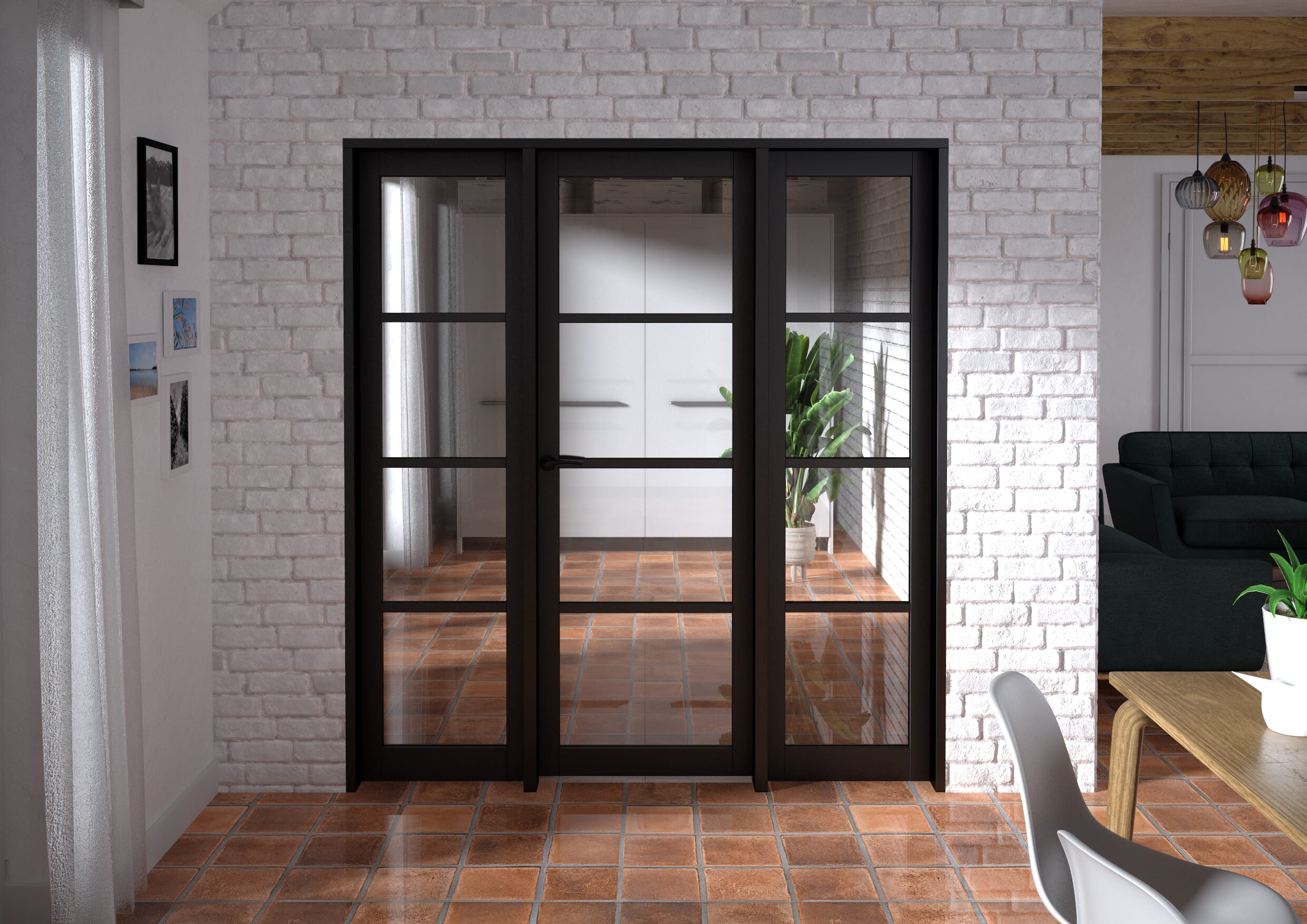 1838x2021x133mm Kensington Black 4L Glazed Prefinished Internal Door with Sidelights
