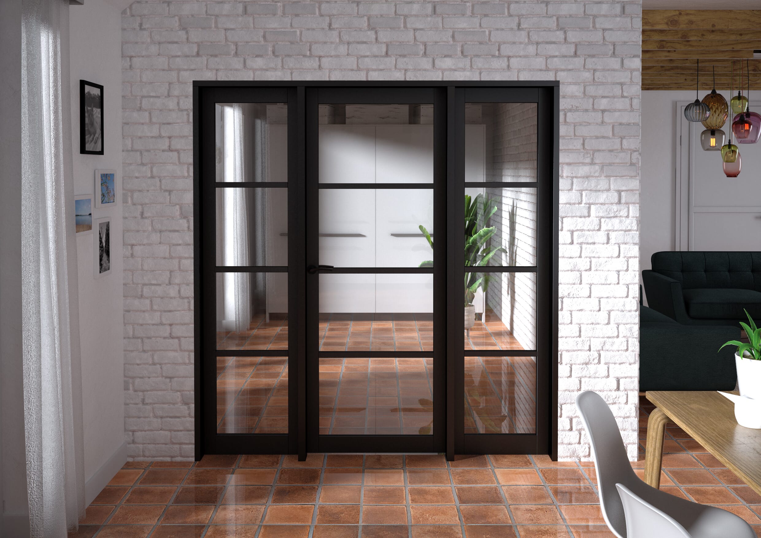 1914x2021x133mm Kensington Black 4L Glazed Prefinished Internal Door with Sidelights