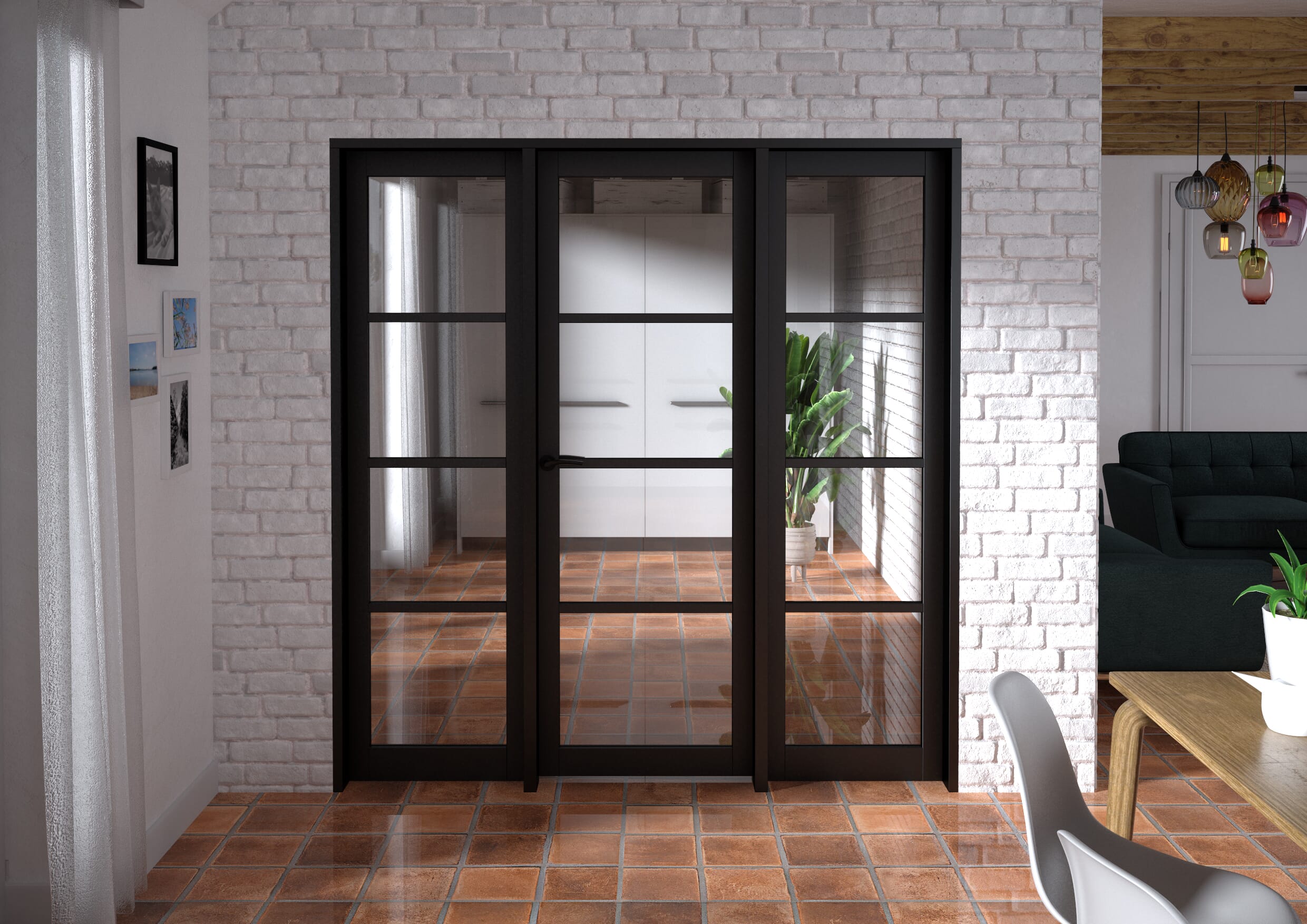 1918x2021x133mm Kensington Black 4L Glazed Prefinished Internal Door with Sidelights