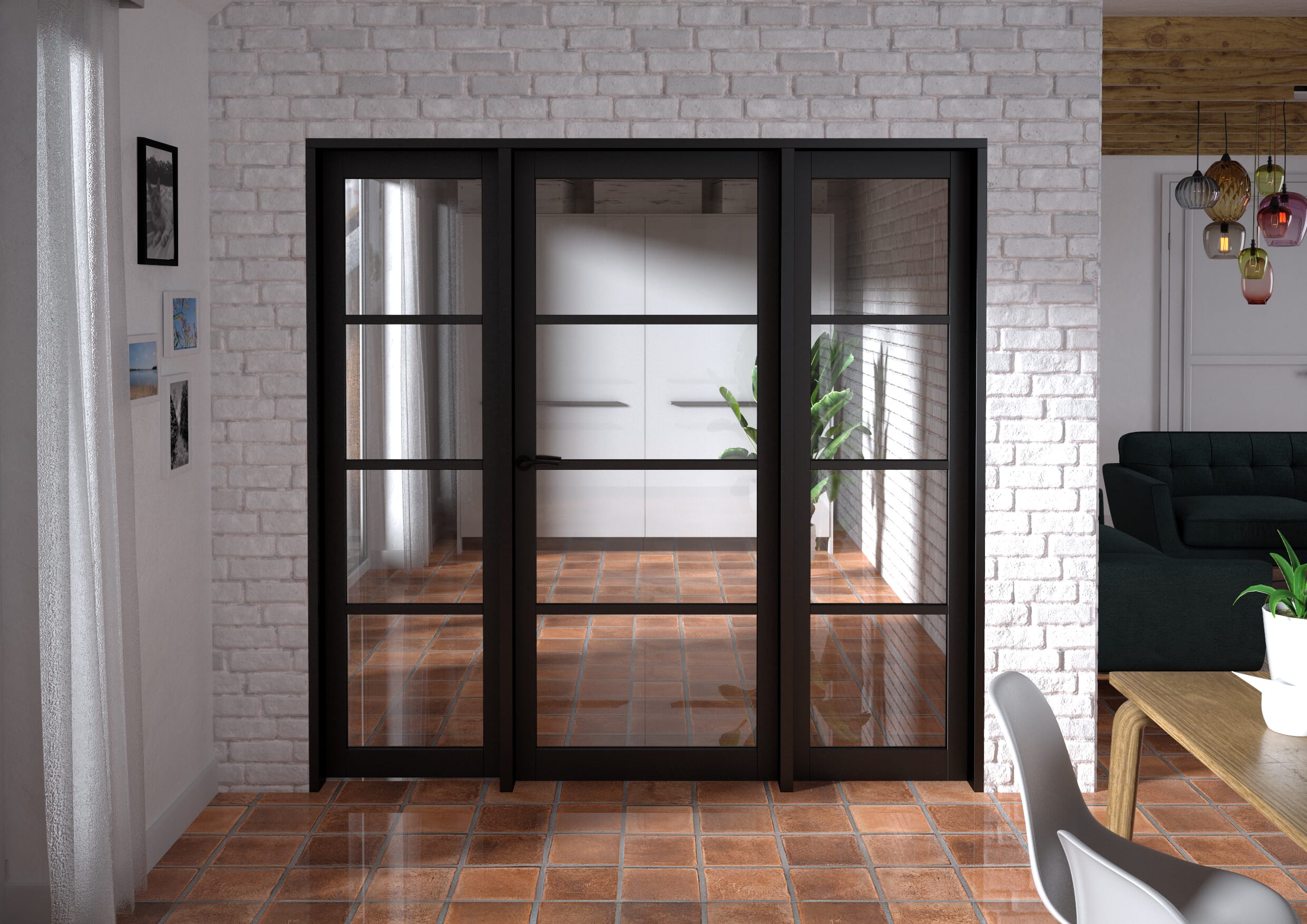 2070x2021x133mm Kensington Black 4L Glazed Prefinished Internal Door with Sidelights