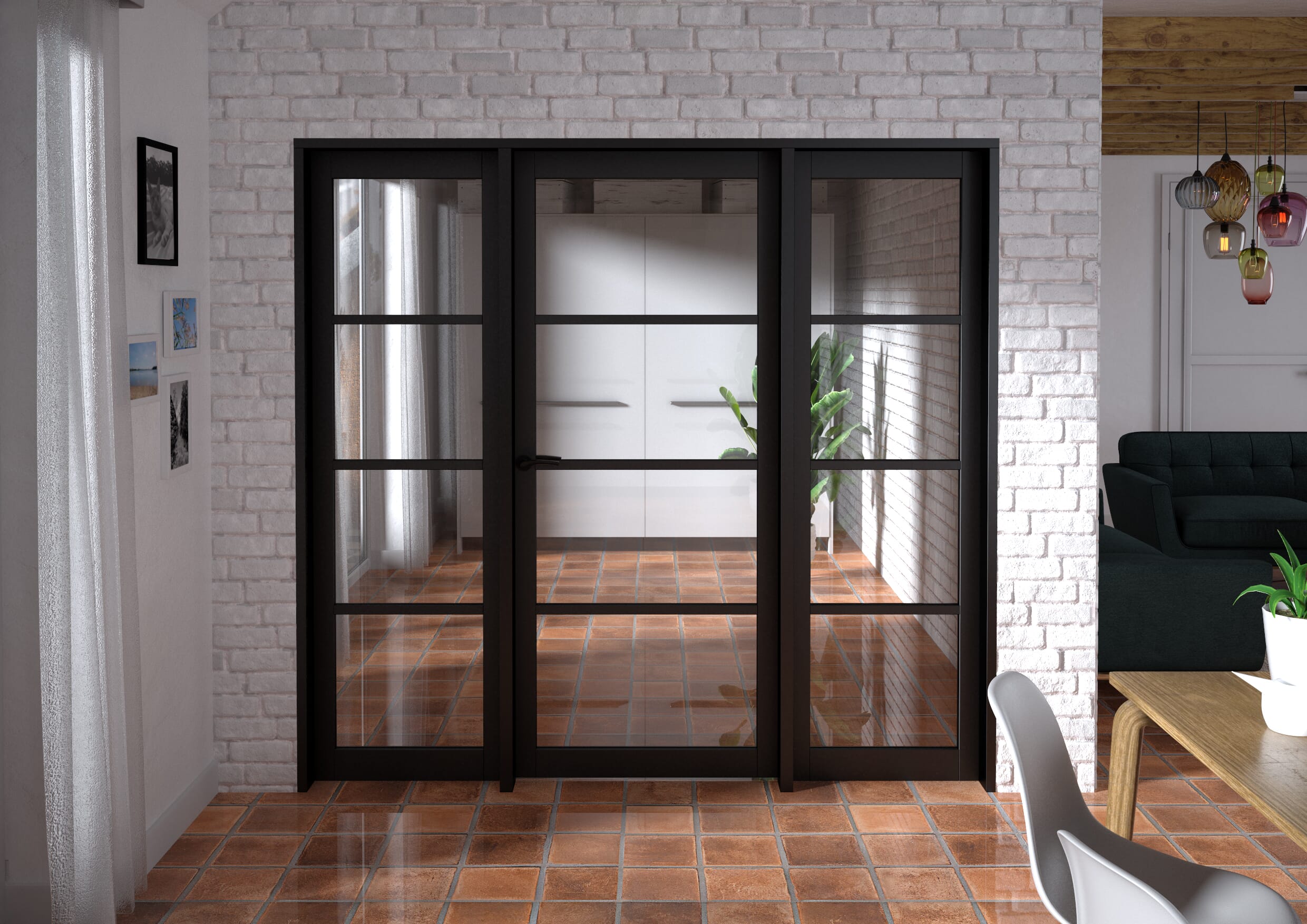 2144x2021x133mm Kensington Black 4L Glazed Prefinished Internal Door with Sidelights