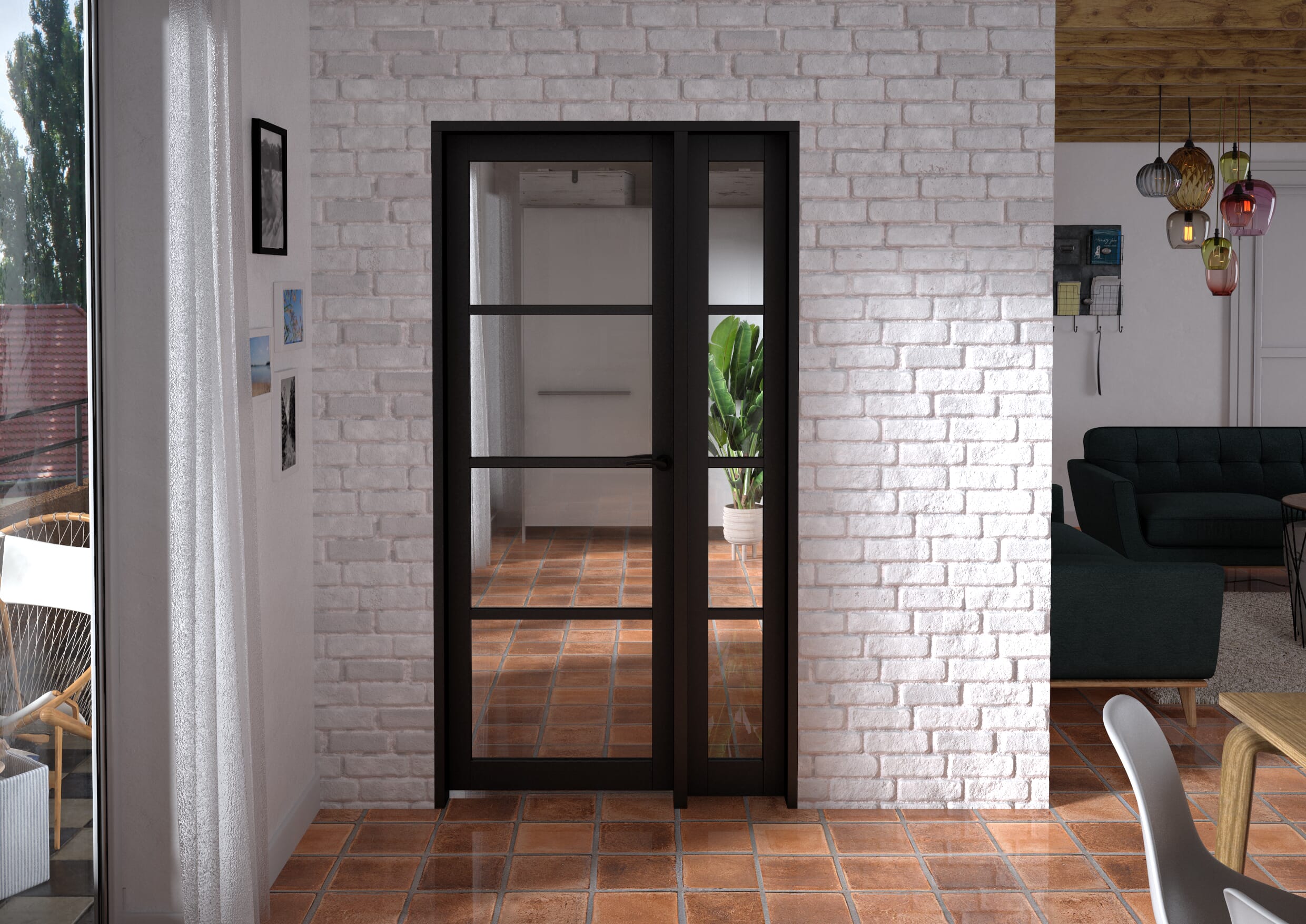 1057x2021x133mm Kensington Black 4L Glazed Prefinished Internal Door with Sidelight