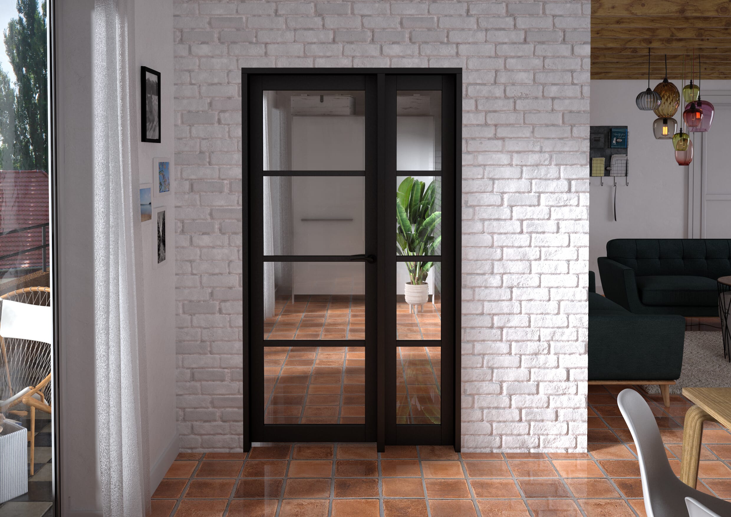 1133x2021x133mm Kensington Black 4L Glazed Prefinished Internal Door with Sidelight