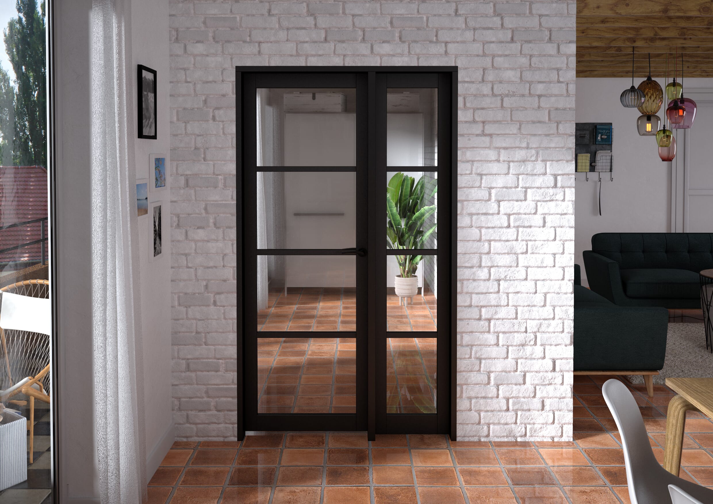 1171x2021x133mm Kensington Black 4L Glazed Prefinished Internal Door with Sidelight
