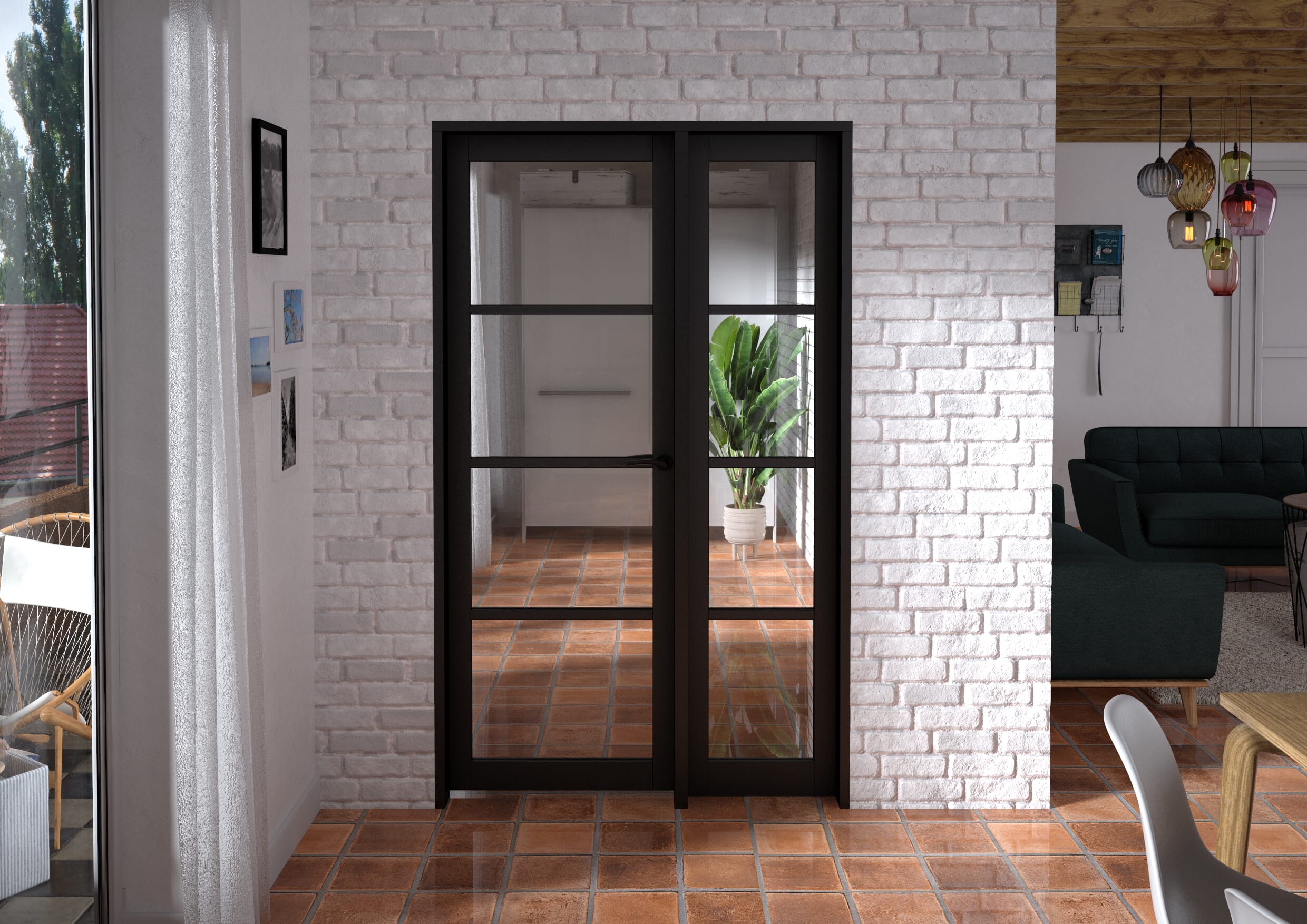 1209x2021x133mm Kensington Black 4L Glazed Prefinished Internal Door with Sidelight