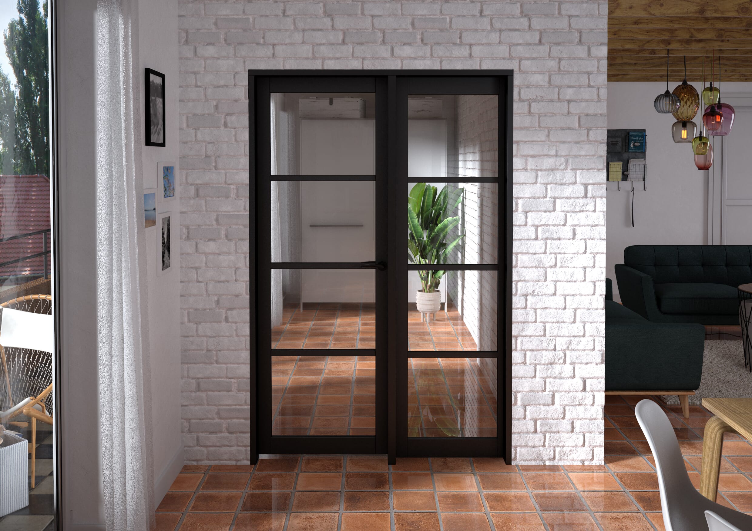 1362x2021x133mm Kensington Black 4L Glazed Prefinished Internal Door with Sidelight
