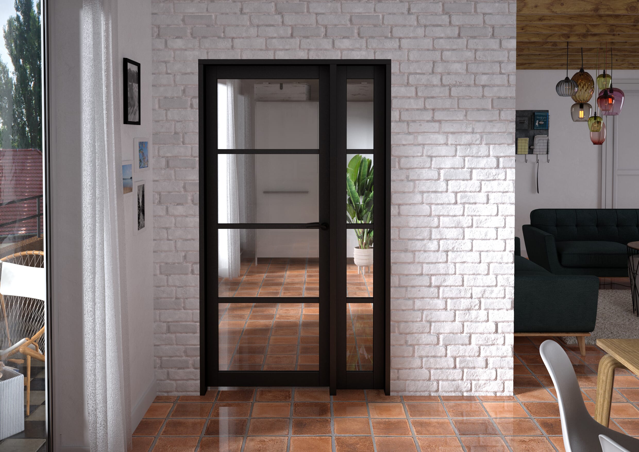 1133x2021x133mm Kensington Black 4L Glazed Prefinished Internal Door with Sidelight