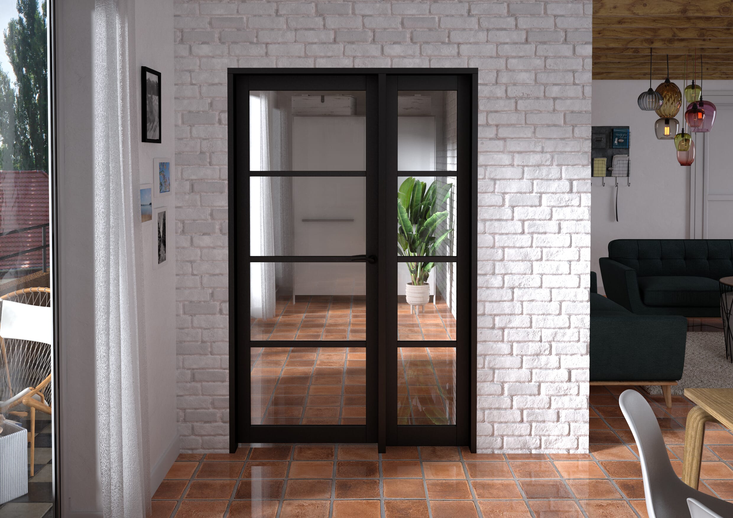 1285x2021x133mm Kensington Black 4L Glazed Prefinished Internal Door with Sidelight