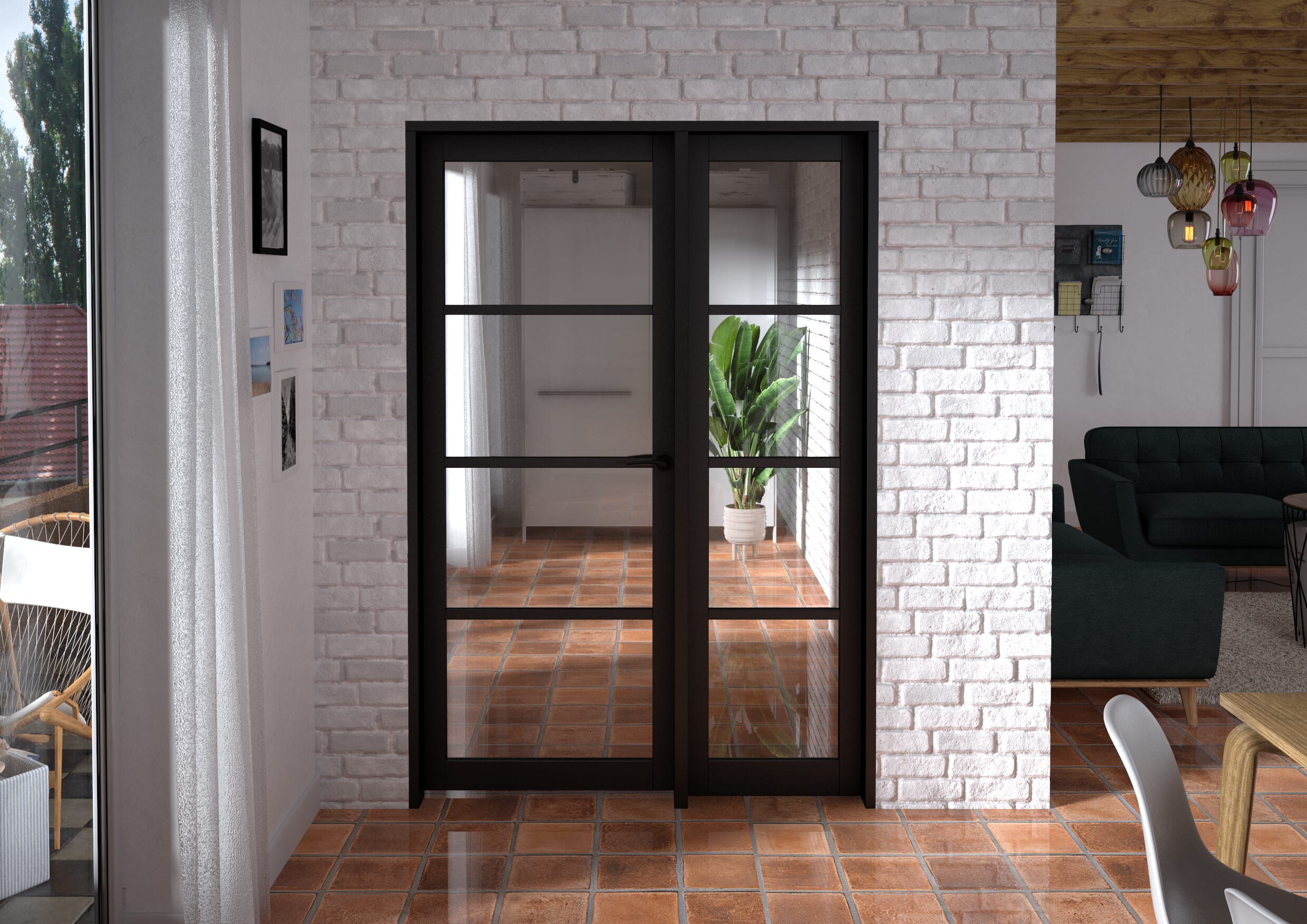 1361x2021x133mm Kensington Black 4L Glazed Prefinished Internal Door with Sidelight