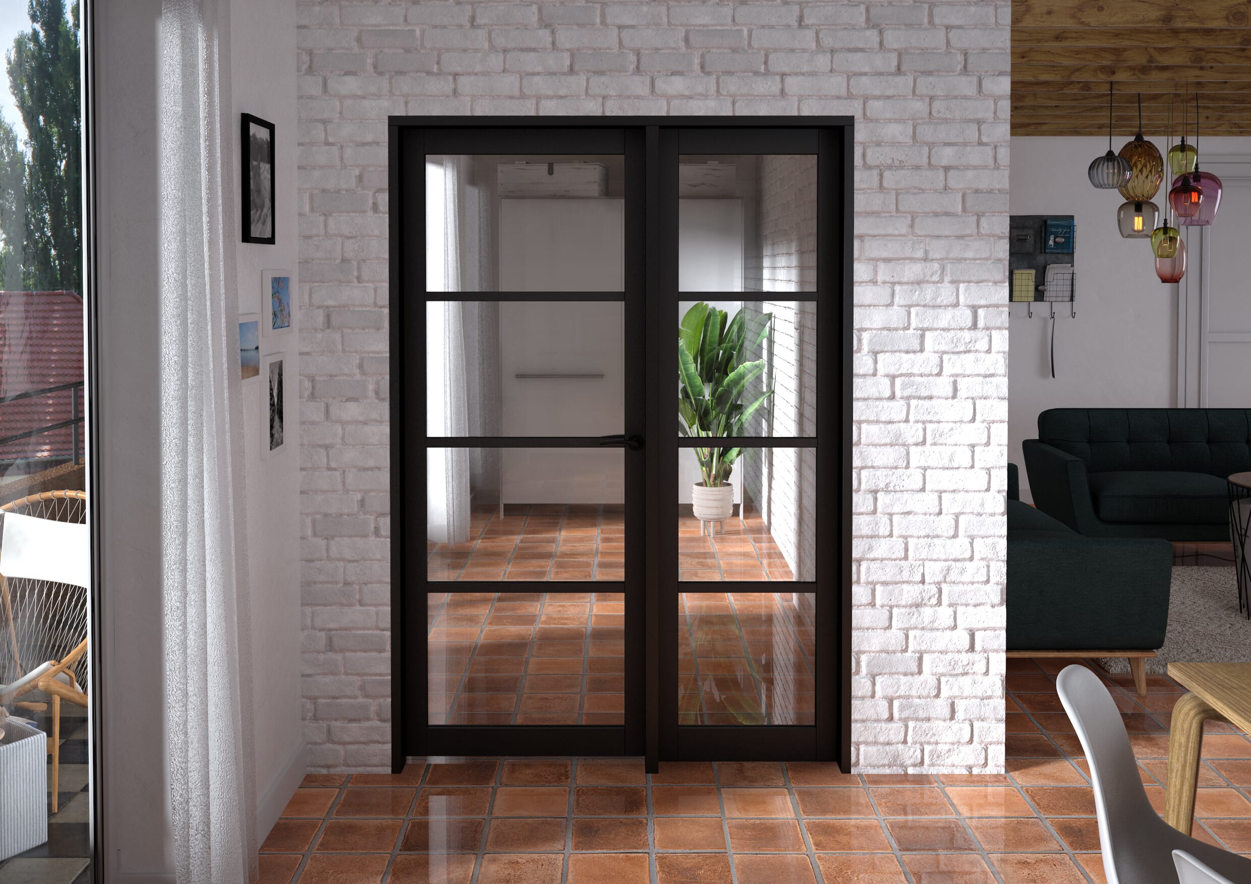 1401x2021x133mm Kensington Black 4L Glazed Prefinished Internal Door with Sidelight