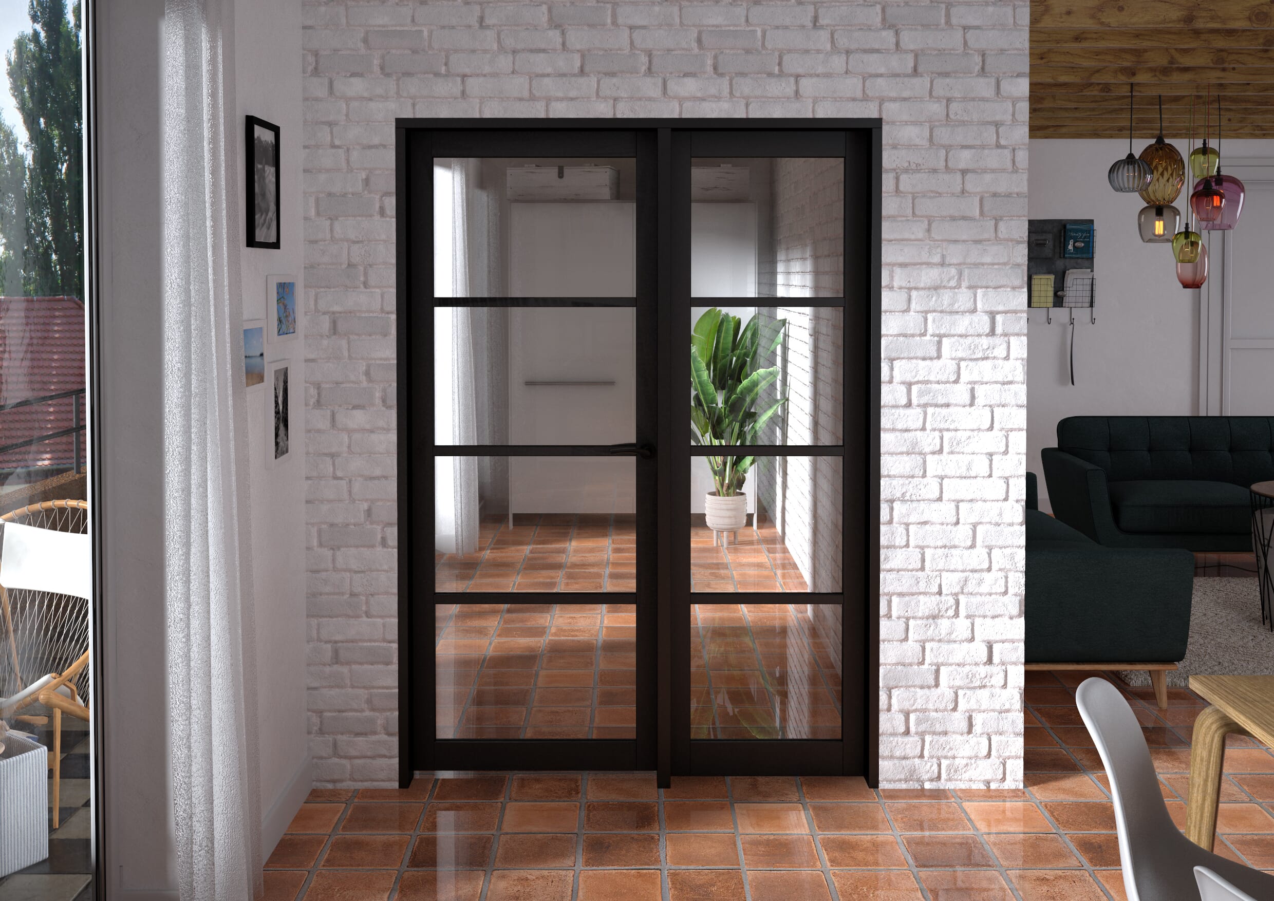 1438x2021x133mm Kensington Black 4L Glazed Prefinished Internal Door with Sidelight