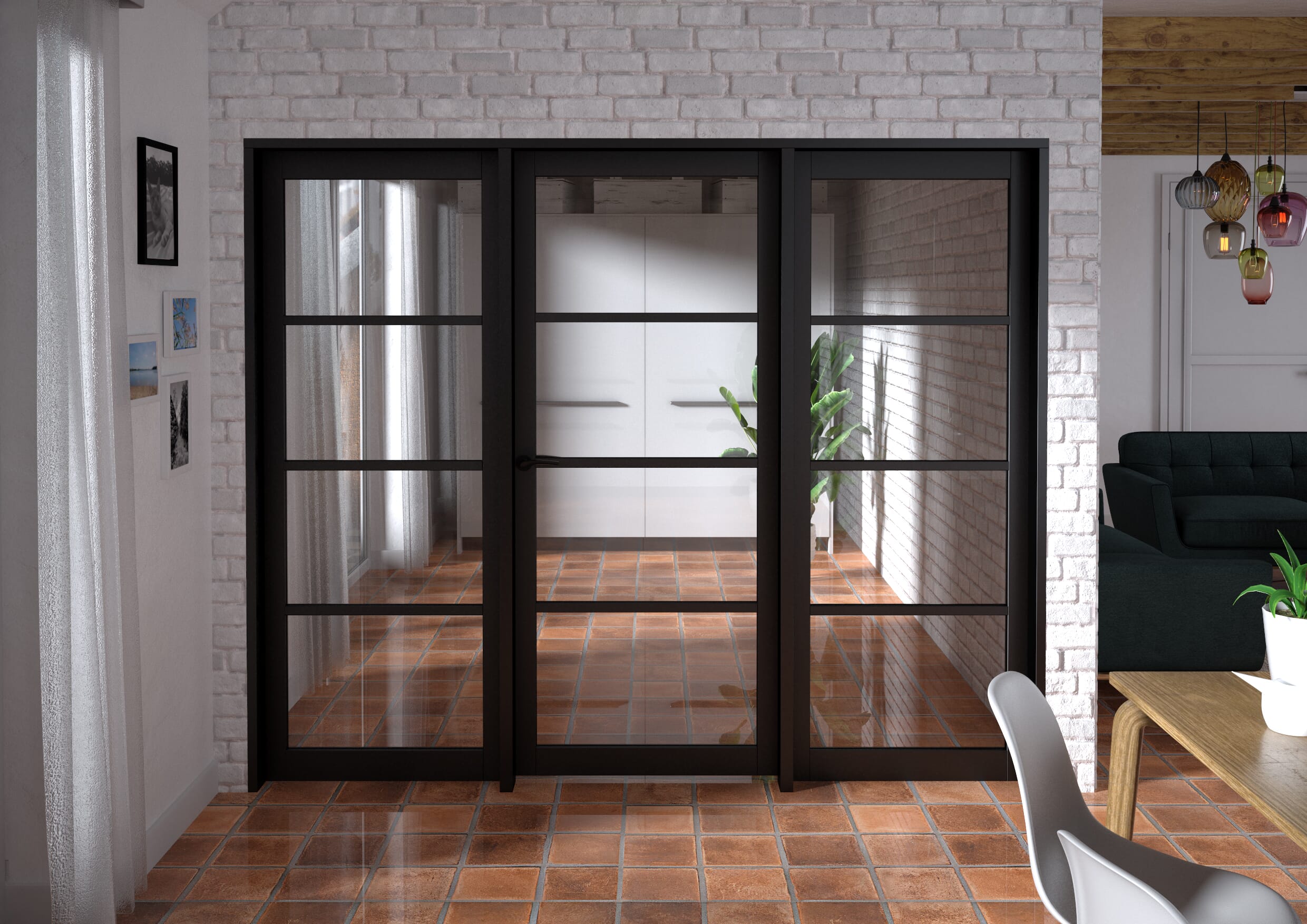 2448x2021x133mm Kensington Black 4L Glazed Prefinished Internal Door with Sidelights