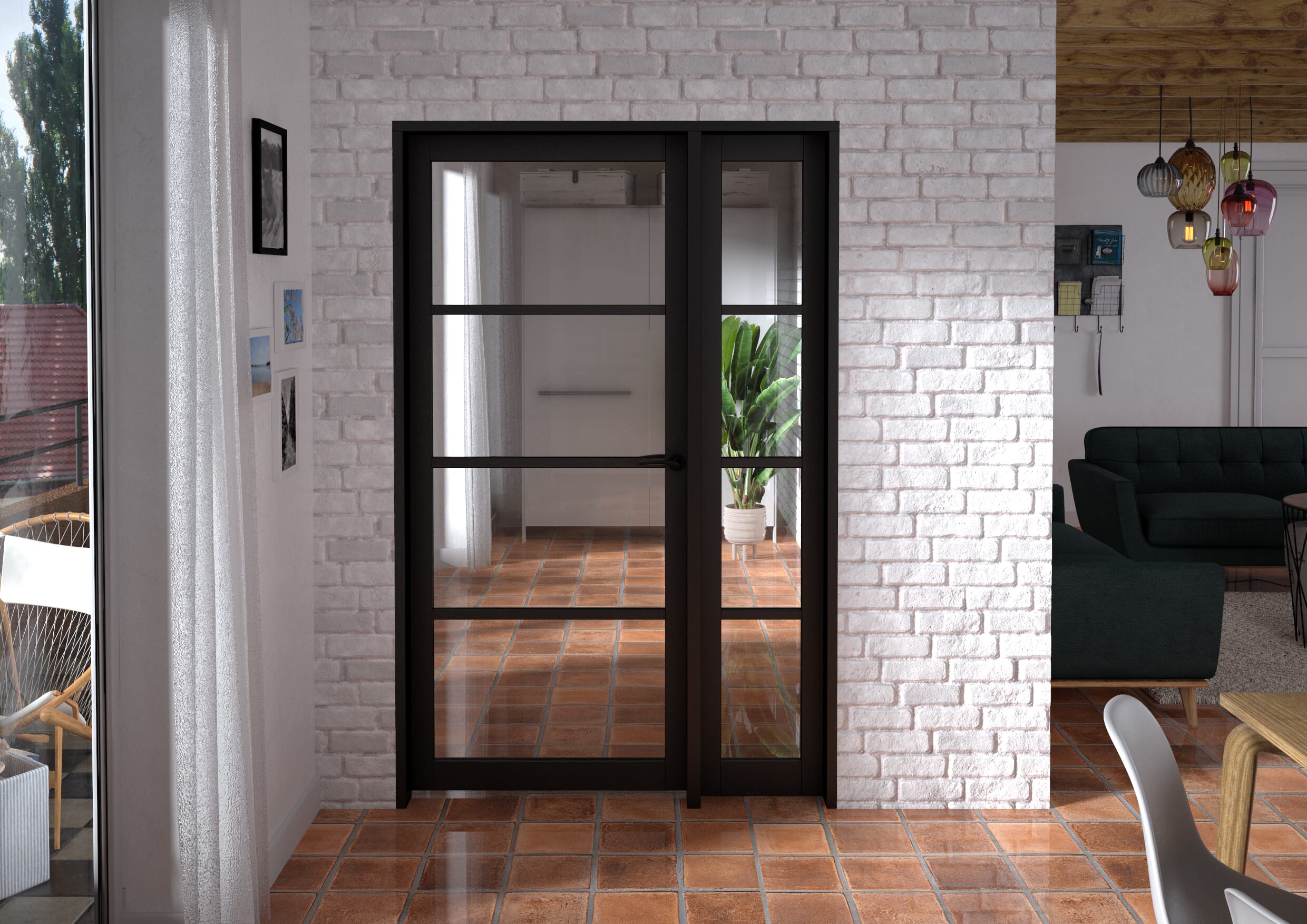 1285x2021x133mm Kensington Black 4L Glazed Prefinished Internal Door with Sidelight