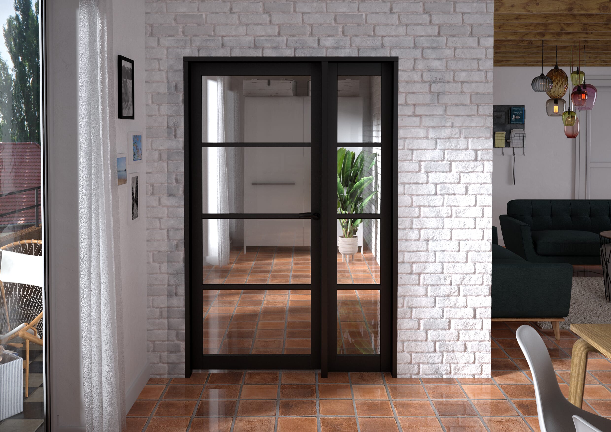 1323x2021x133mm Kensington Black 4L Glazed Prefinished Internal Door with Sidelight
