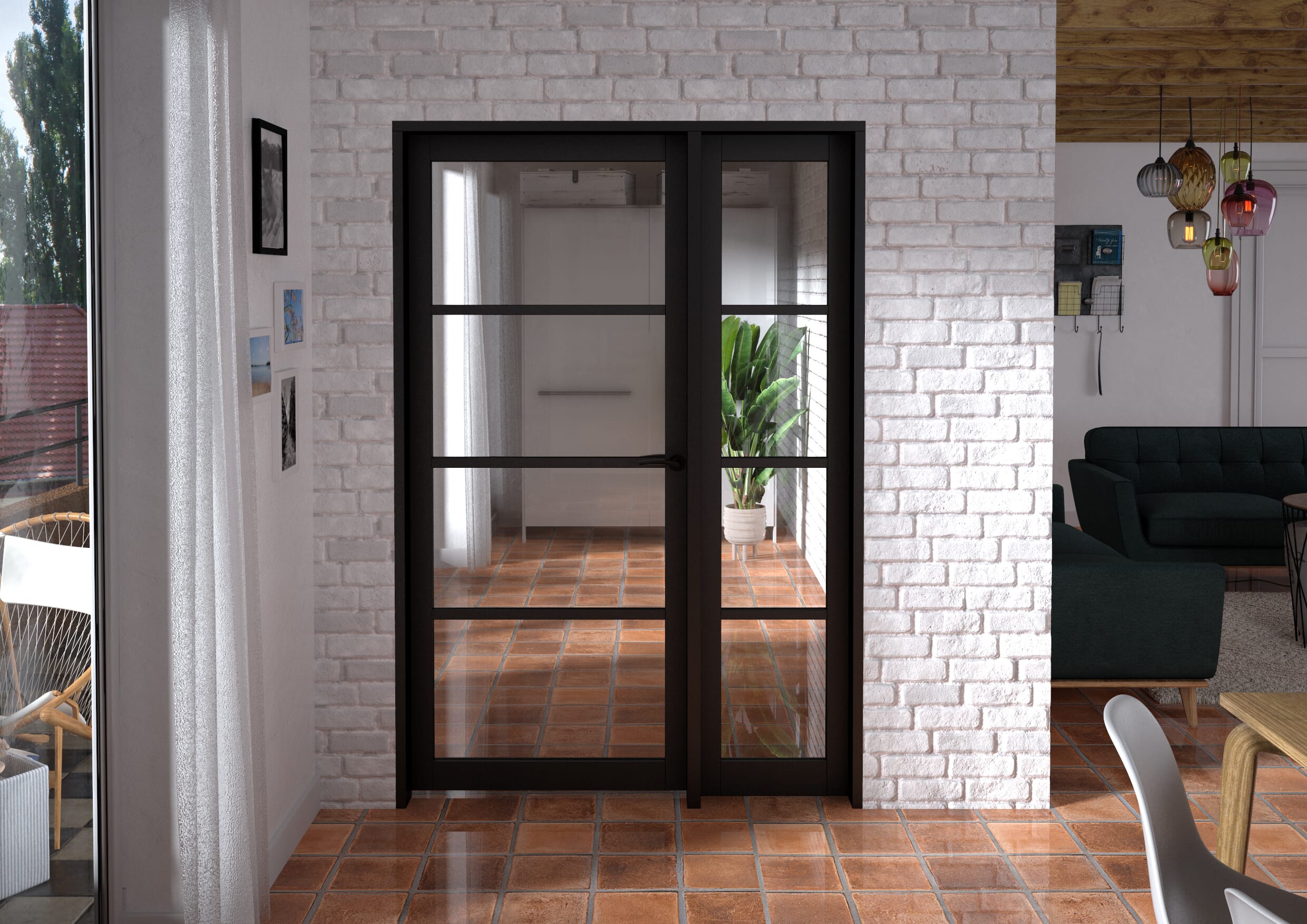 1361x2021x133mm Kensington Black 4L Glazed Prefinished Internal Door with Sidelight