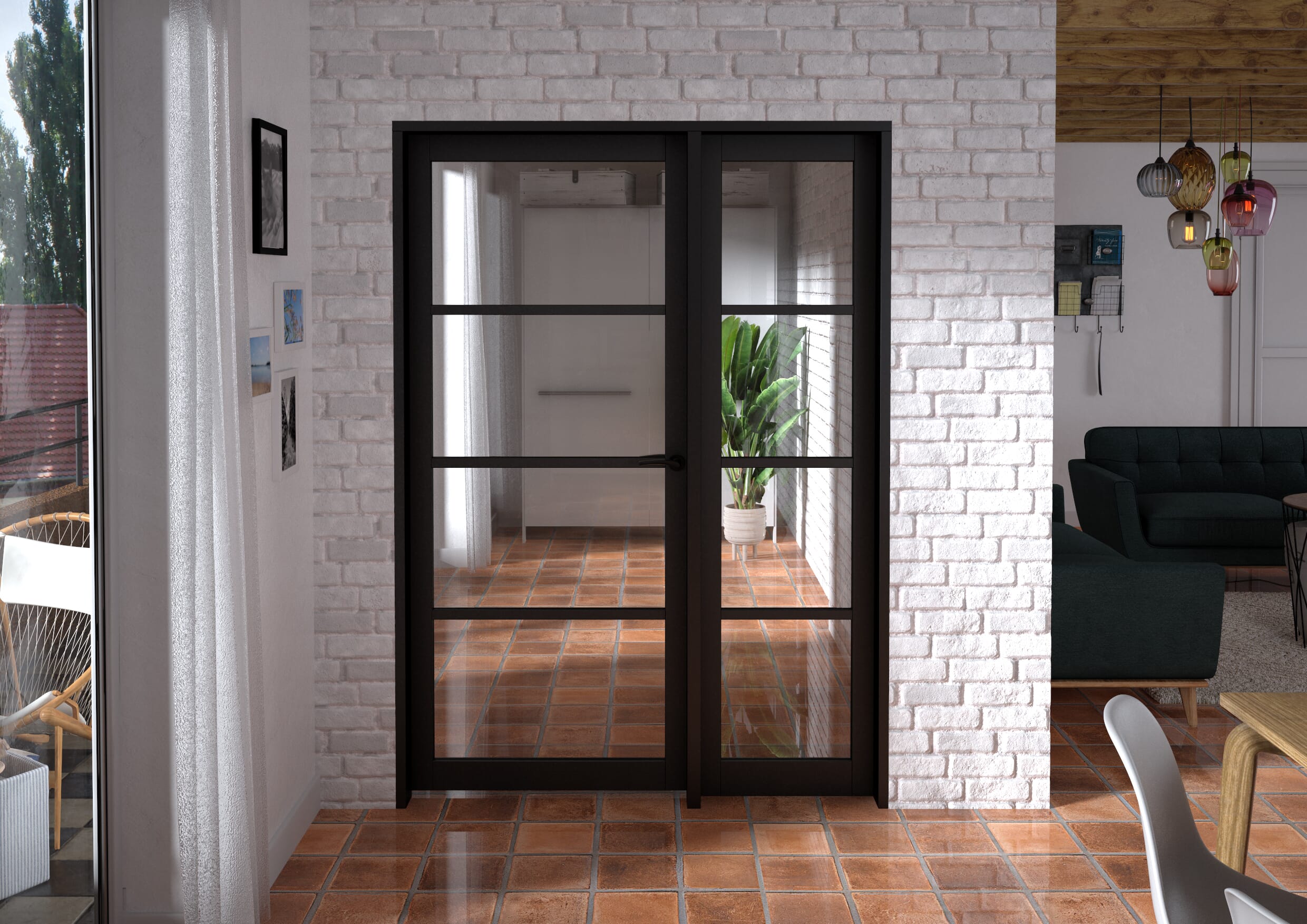 1437x2021x133mm Kensington Black 4L Glazed Prefinished Internal Door with Sidelight