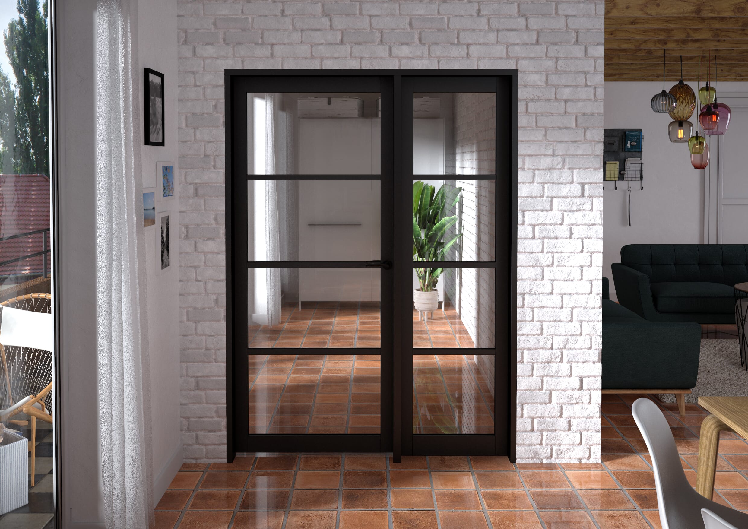 1477x2021x133mm Kensington Black 4L Glazed Prefinished Internal Door with Sidelight