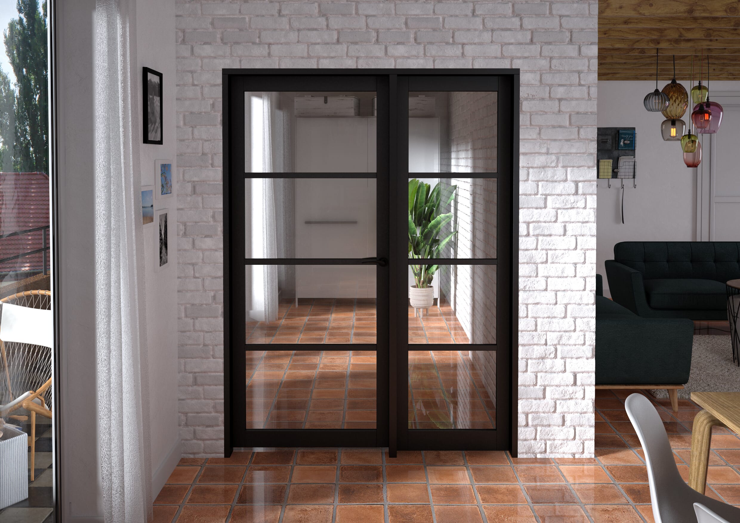 1514x2021x133mm Kensington Black 4L Glazed Prefinished Internal Door with Sidelight