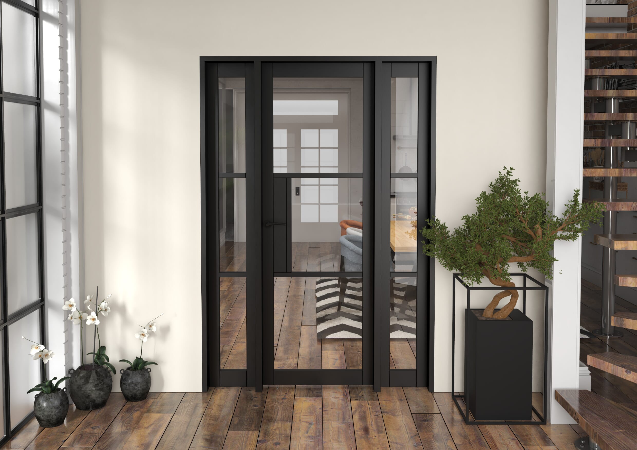 1382x2021x133mm Heritage Black Clear Glazed - Prefinished Internal Door with Sidelights