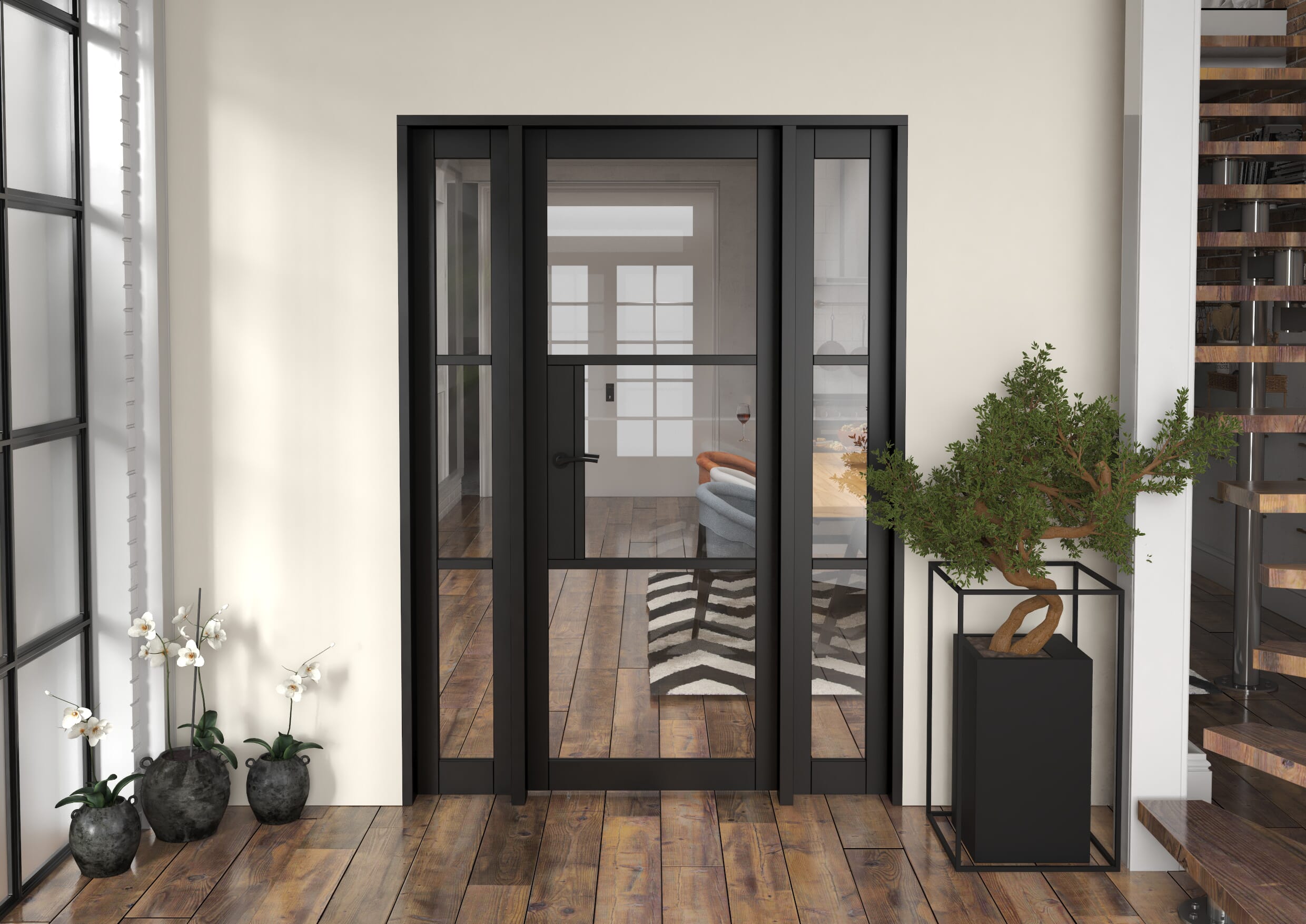 1458x2021x133mm Heritage Black Clear Glazed - Prefinished Internal Door with Sidelights