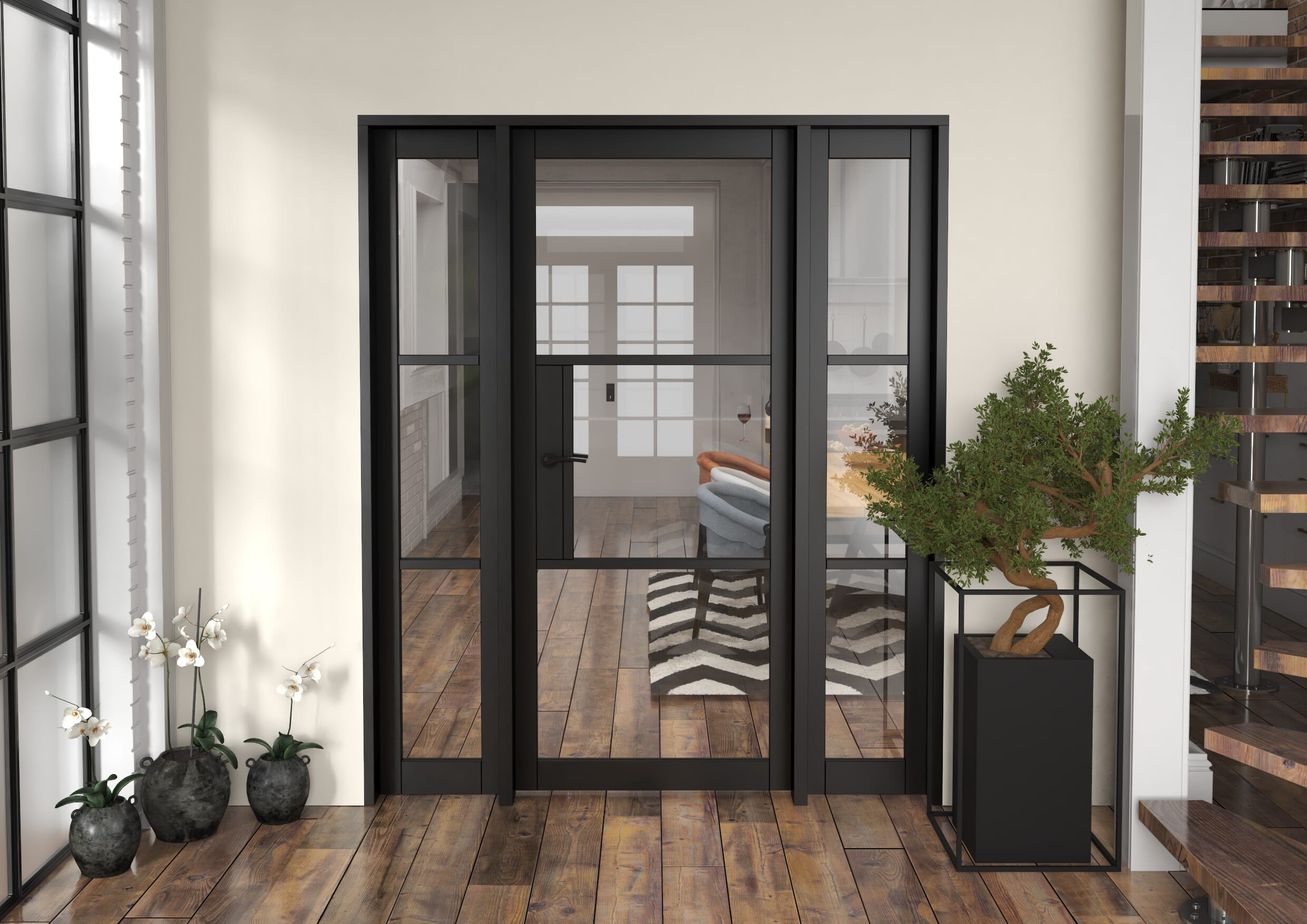 1686x2021x133mm Heritage Black Clear Glazed - Prefinished Internal Door with Sidelights