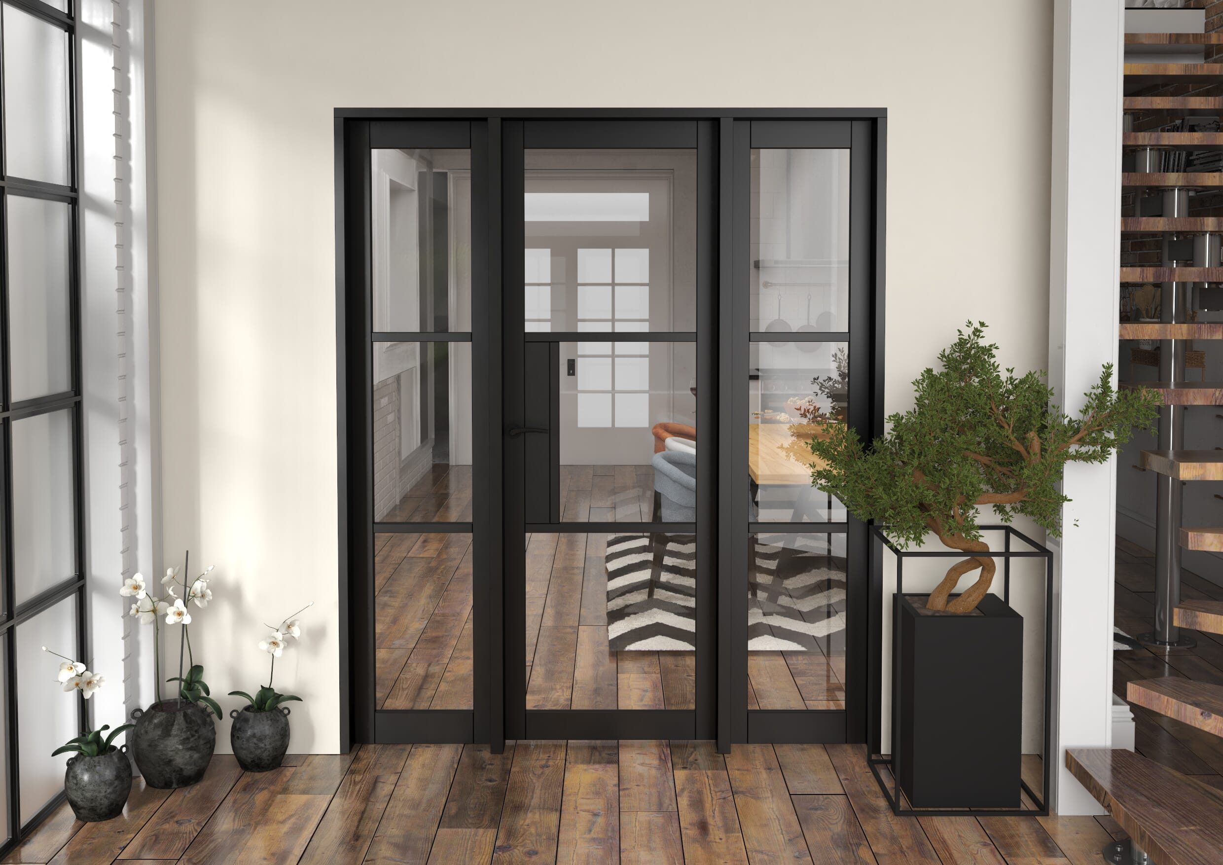 1686x2021x133mm Heritage Black Clear Glazed - Prefinished Internal Door with Sidelights