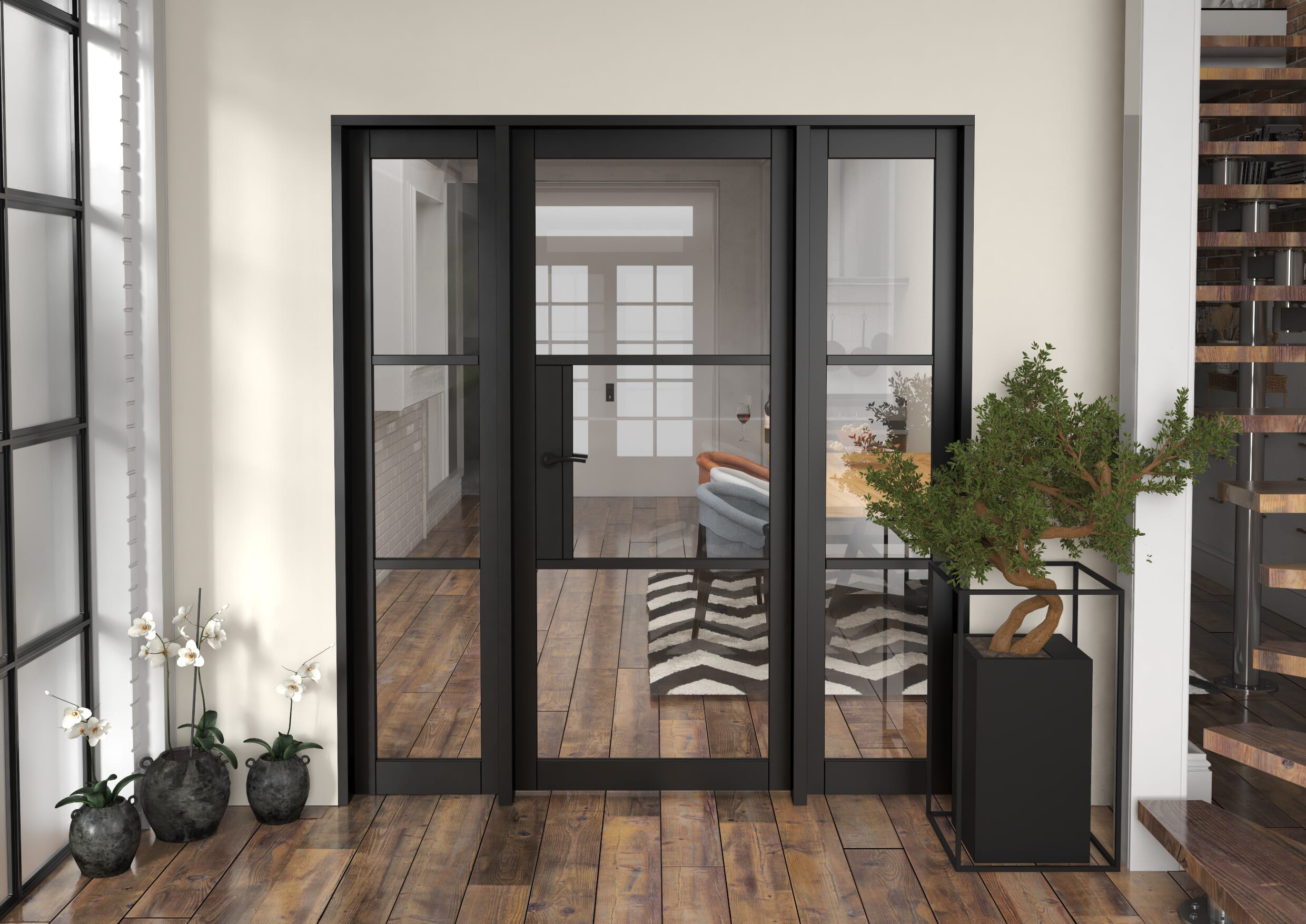 1838x2021x133mm Heritage Black Clear Glazed - Prefinished Internal Door with Sidelights