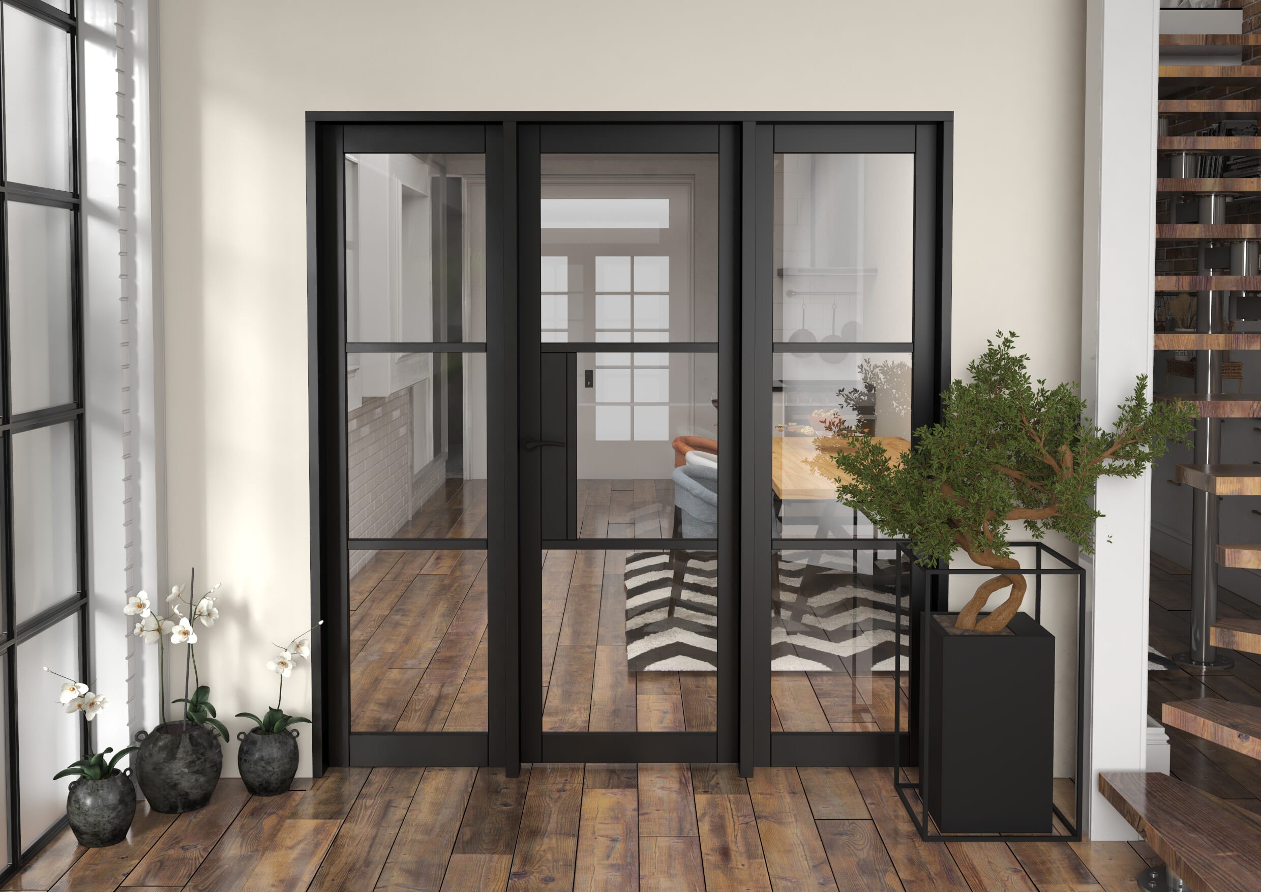 1918x2021x133mm Heritage Black Clear Glazed - Prefinished Internal Door with Sidelights
