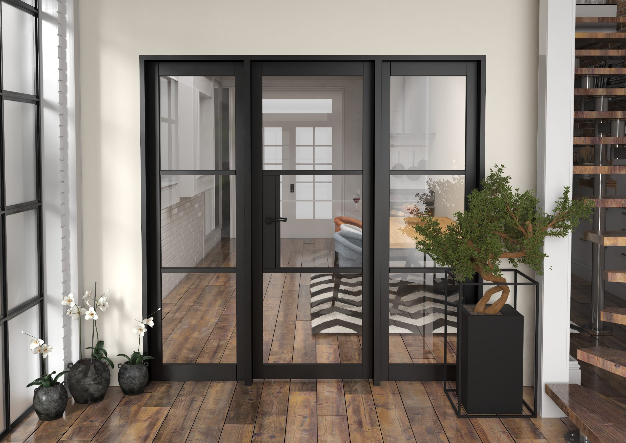 2068x2021x133mm Heritage Black Clear Glazed - Prefinished Internal Door with Sidelights