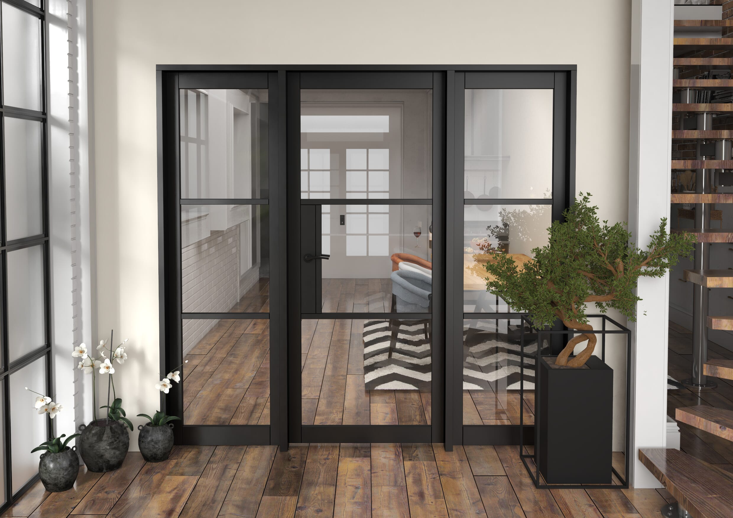 2144x2021x133mm Heritage Black Clear Glazed - Prefinished Internal Door with Sidelights