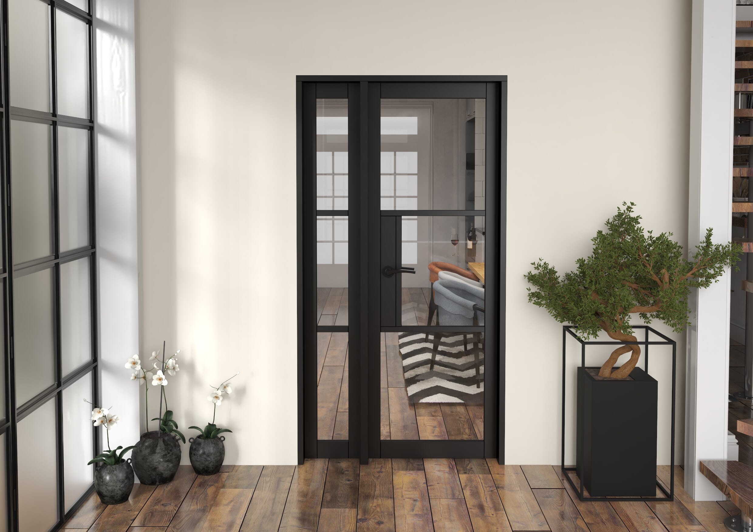 1057x2021x133mm Heritage Black Clear Glazed - Prefinished Internal Door with Sidelight