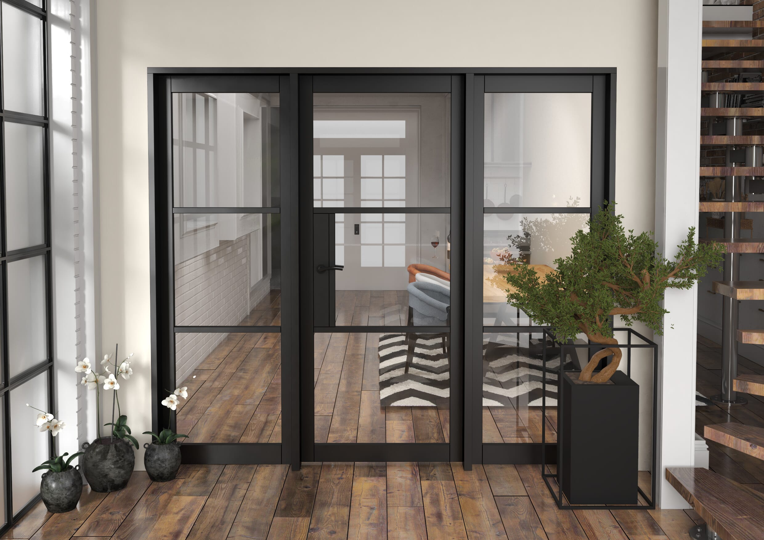 2296x2021x133mm Heritage Black Clear Glazed - Prefinished Internal Door with Sidelights