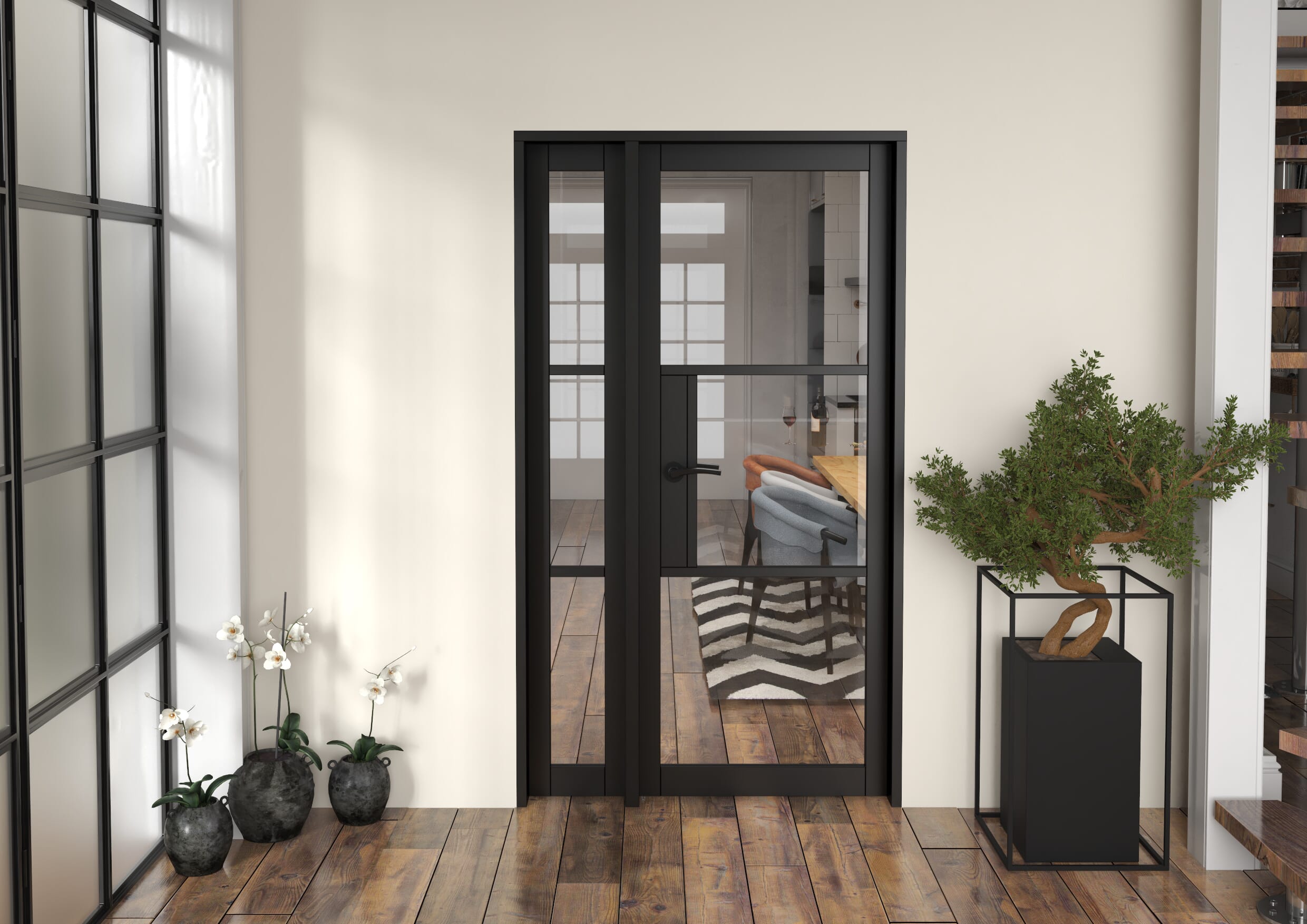 1133x2021x133mm Heritage Black Clear Glazed - Prefinished Internal Door with Sidelight
