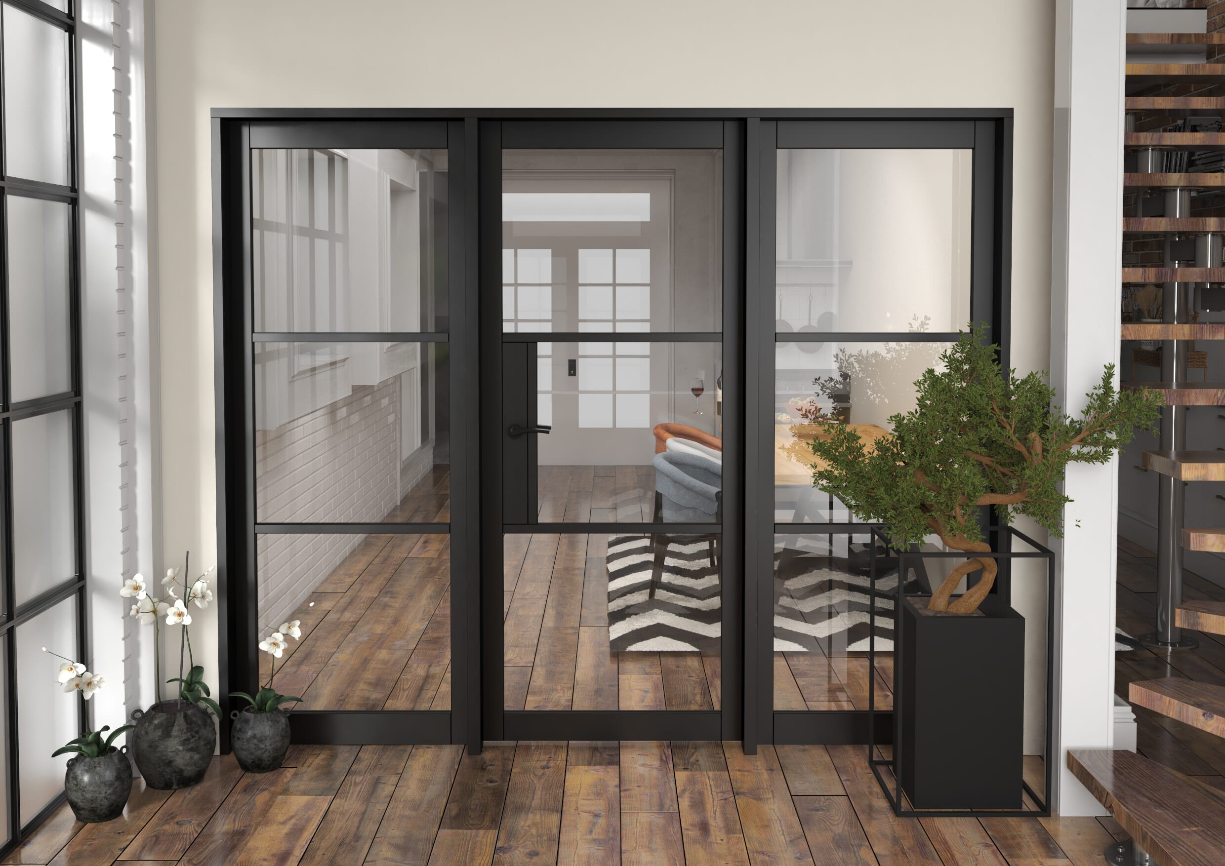2448x2021x133mm Heritage Black Clear Glazed - Prefinished Internal Door with Sidelights
