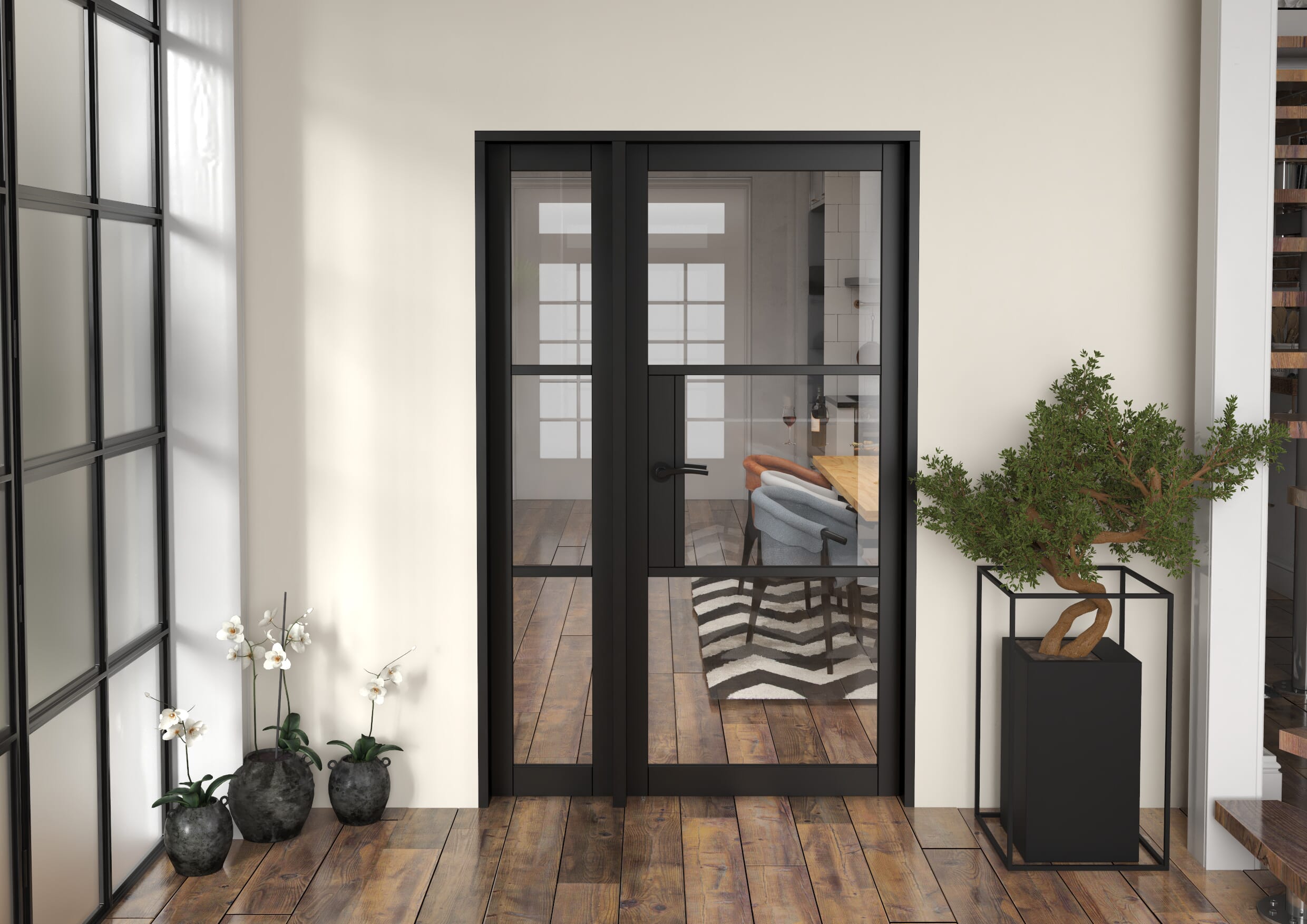 1285x2021x133mm Heritage Black Clear Glazed - Prefinished Internal Door with Sidelight