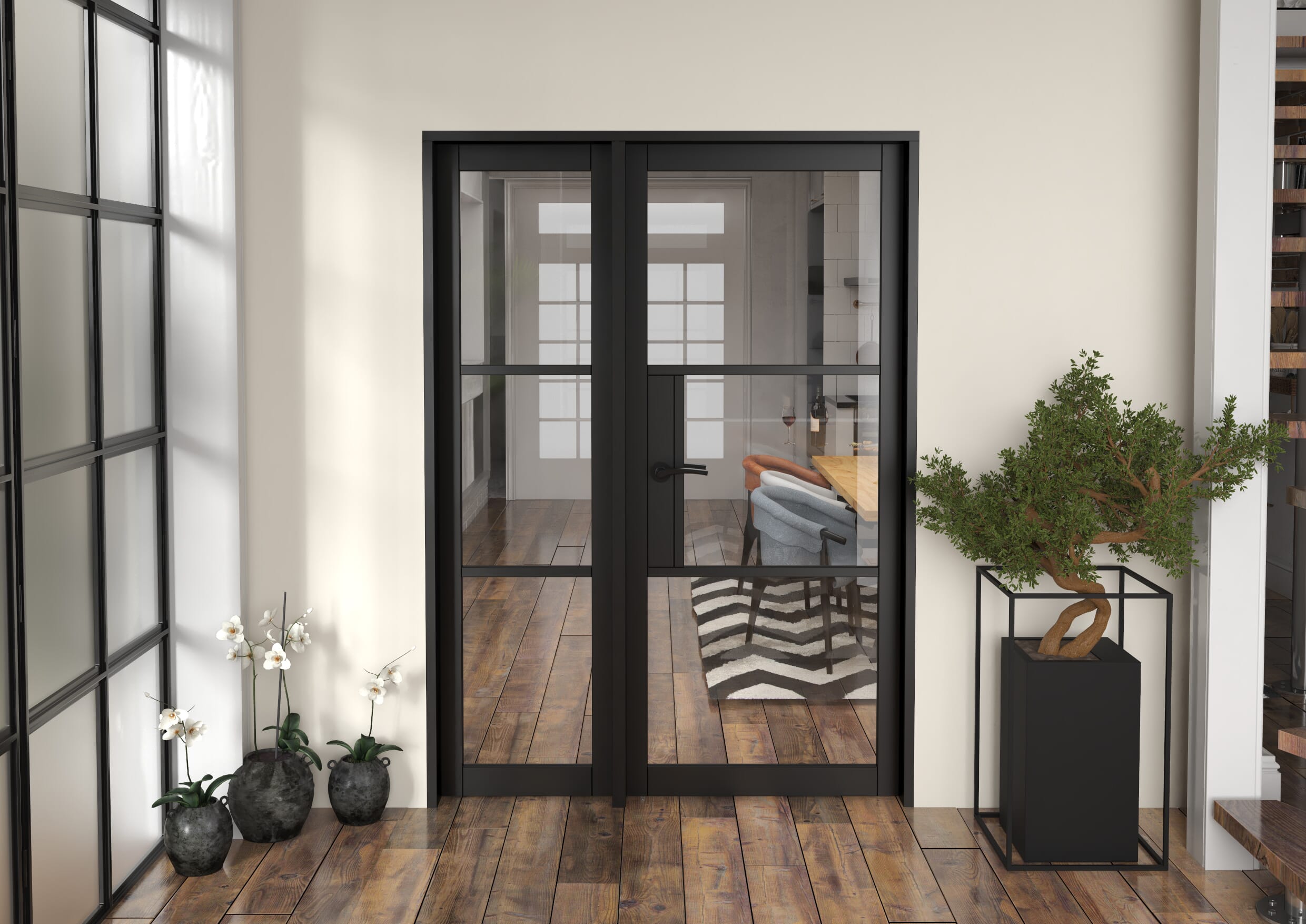 1437x2021x133mm Heritage Black Clear Glazed - Prefinished Internal Door with Sidelight