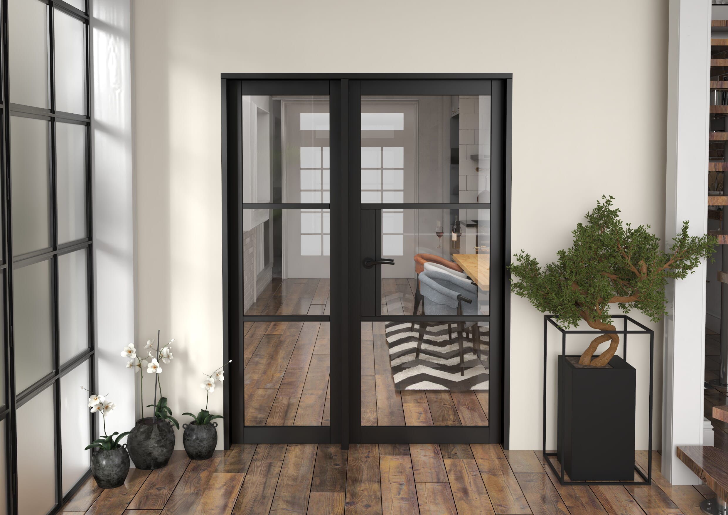 1514x2021x133mm Heritage Black Clear Glazed - Prefinished Internal Door with Sidelight
