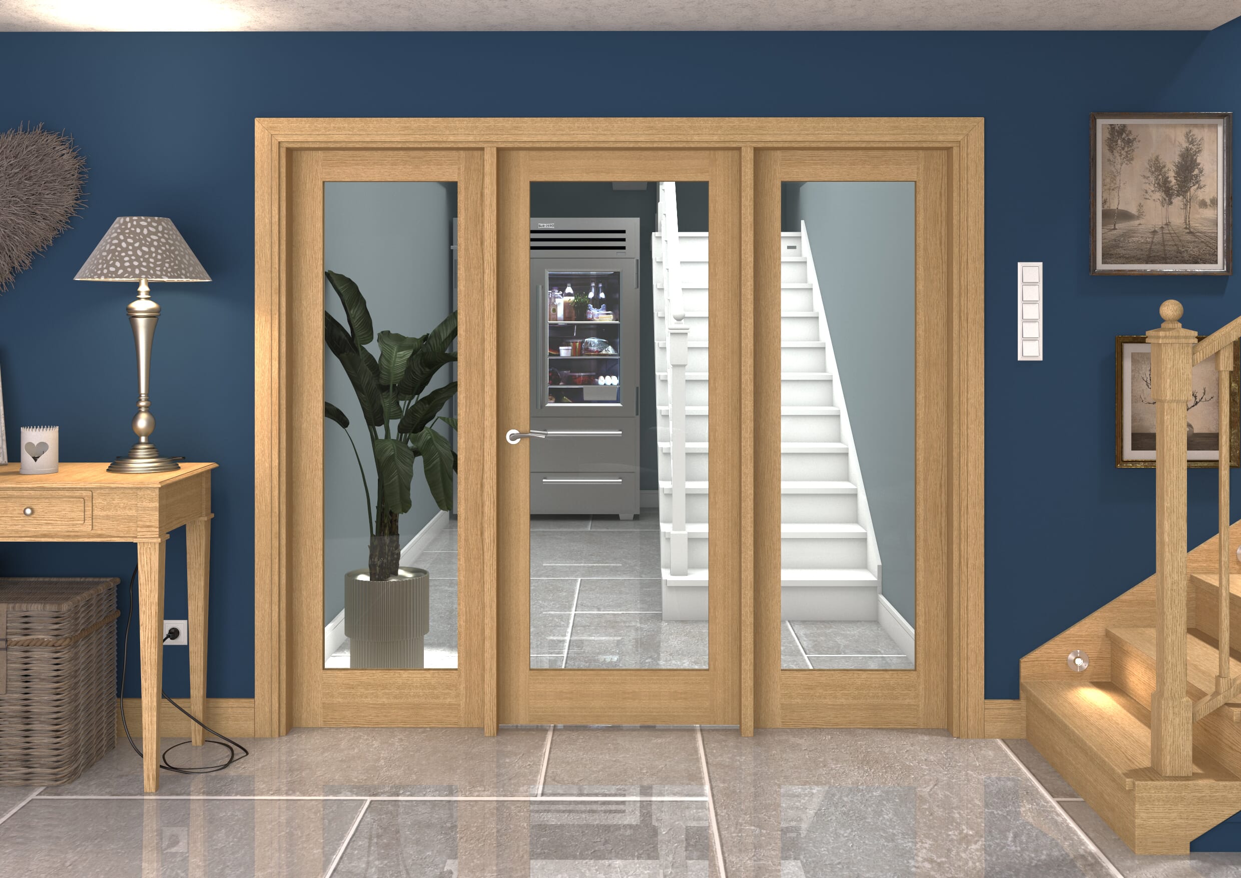 2296x2021x133mm Oak P10 Clear Glazed Internal Door With Sidelights Image