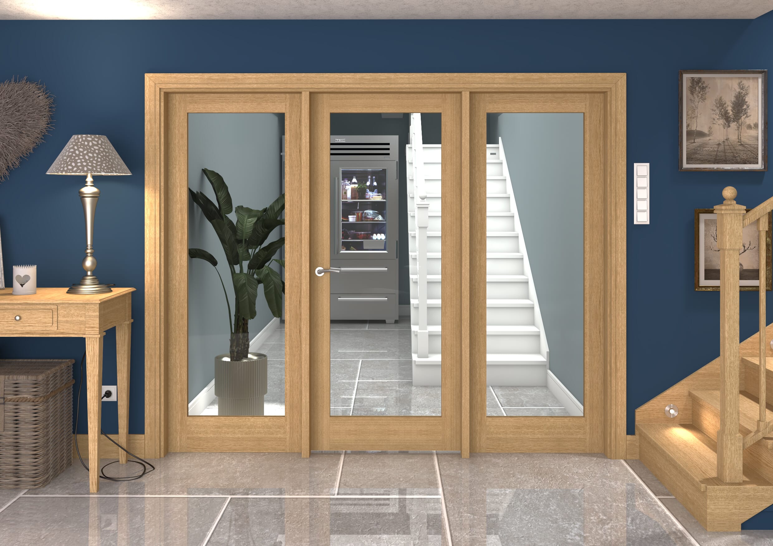 2448x2021x133mm Oak P10 Clear Glazed Internal Door With Sidelights Image