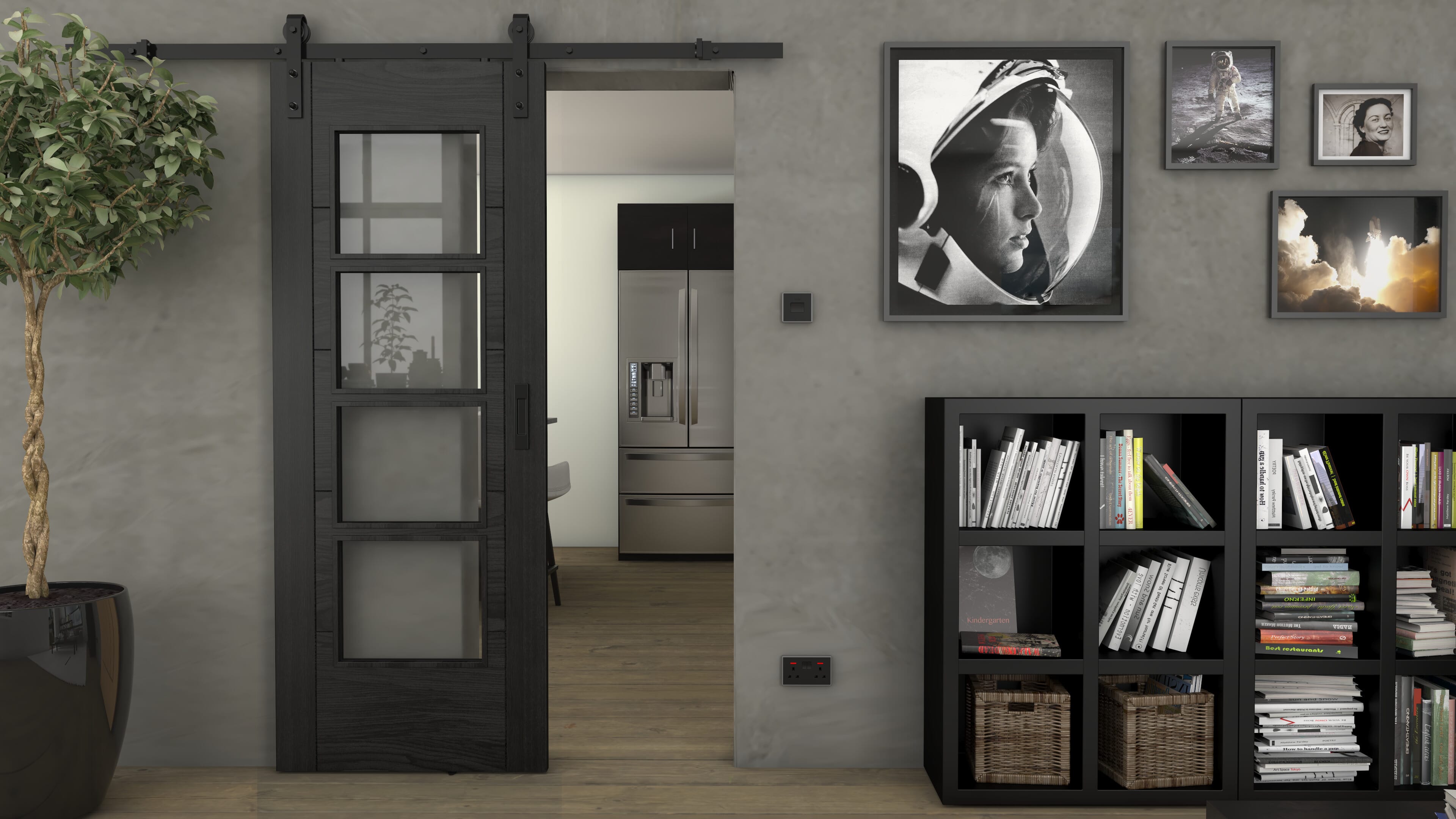 Iseo Black Oak 4L Clear Glass - Prefinished Sliding Barn Door