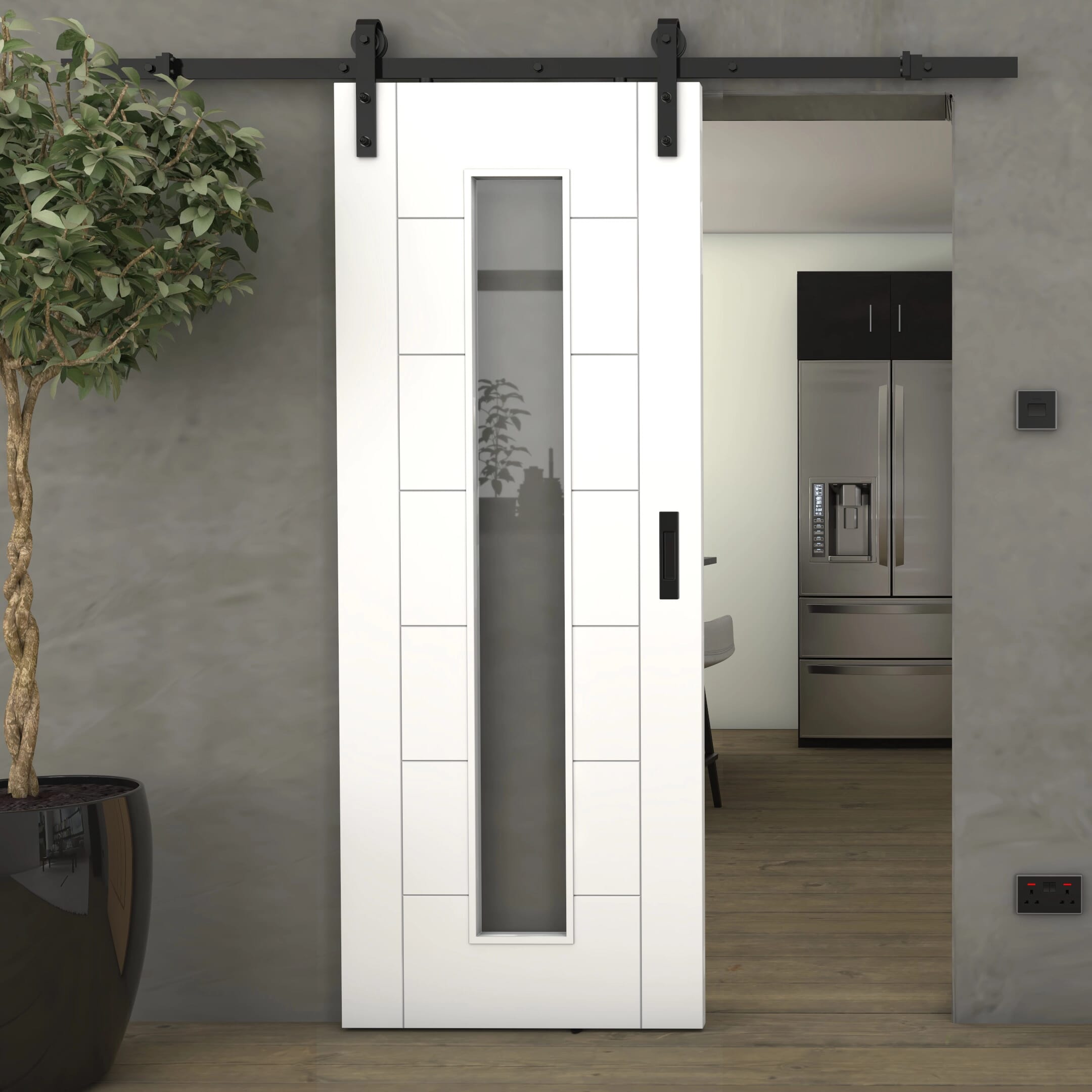 Modern 7 Panel White Clear Glass - Prefinished Sliding Barn Door